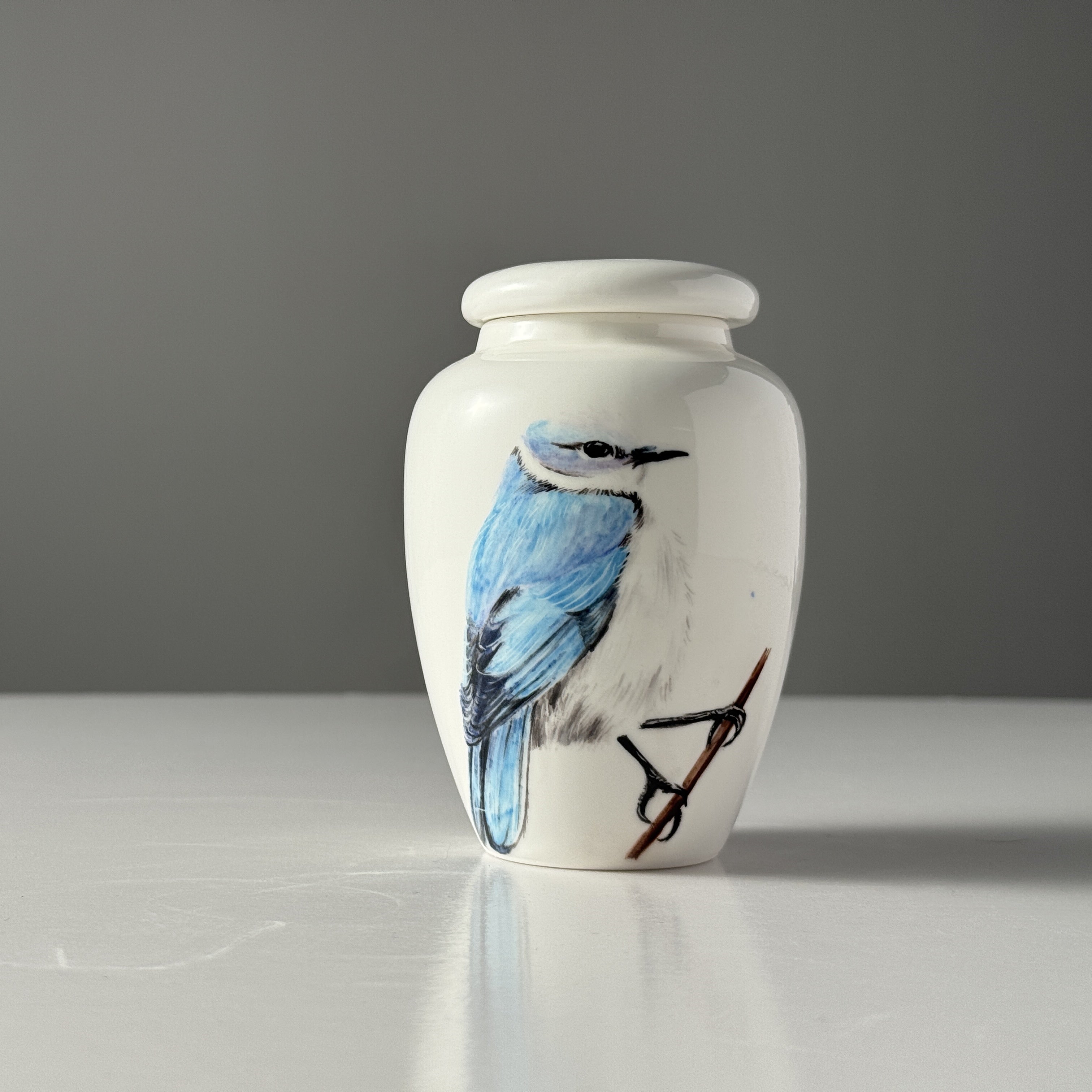 White urn with a blue bird design on a gray background
