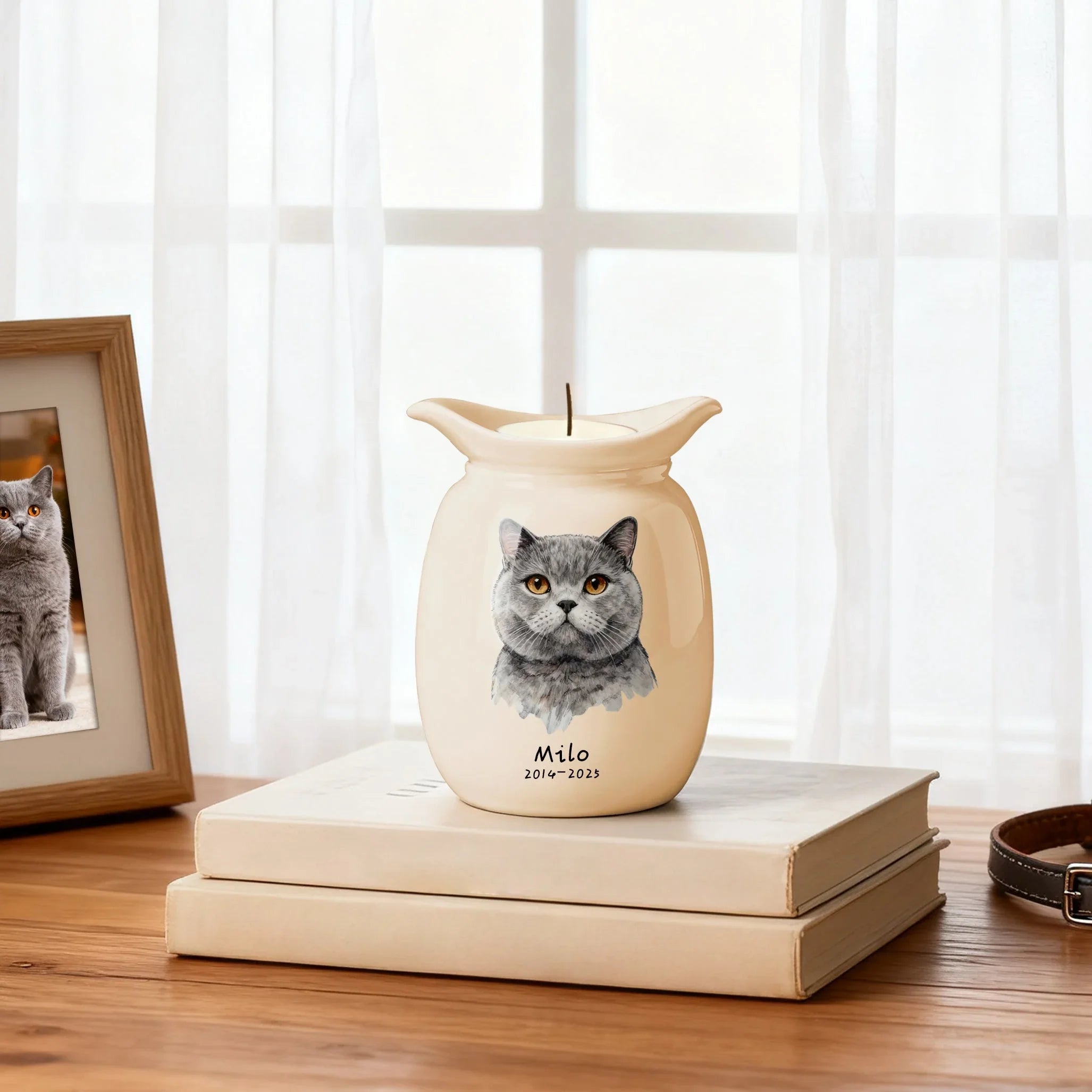 Dog Urn with Candle – Personalized Ceramic Memorial Urn for Pet Ashes, Custom Name & Dates