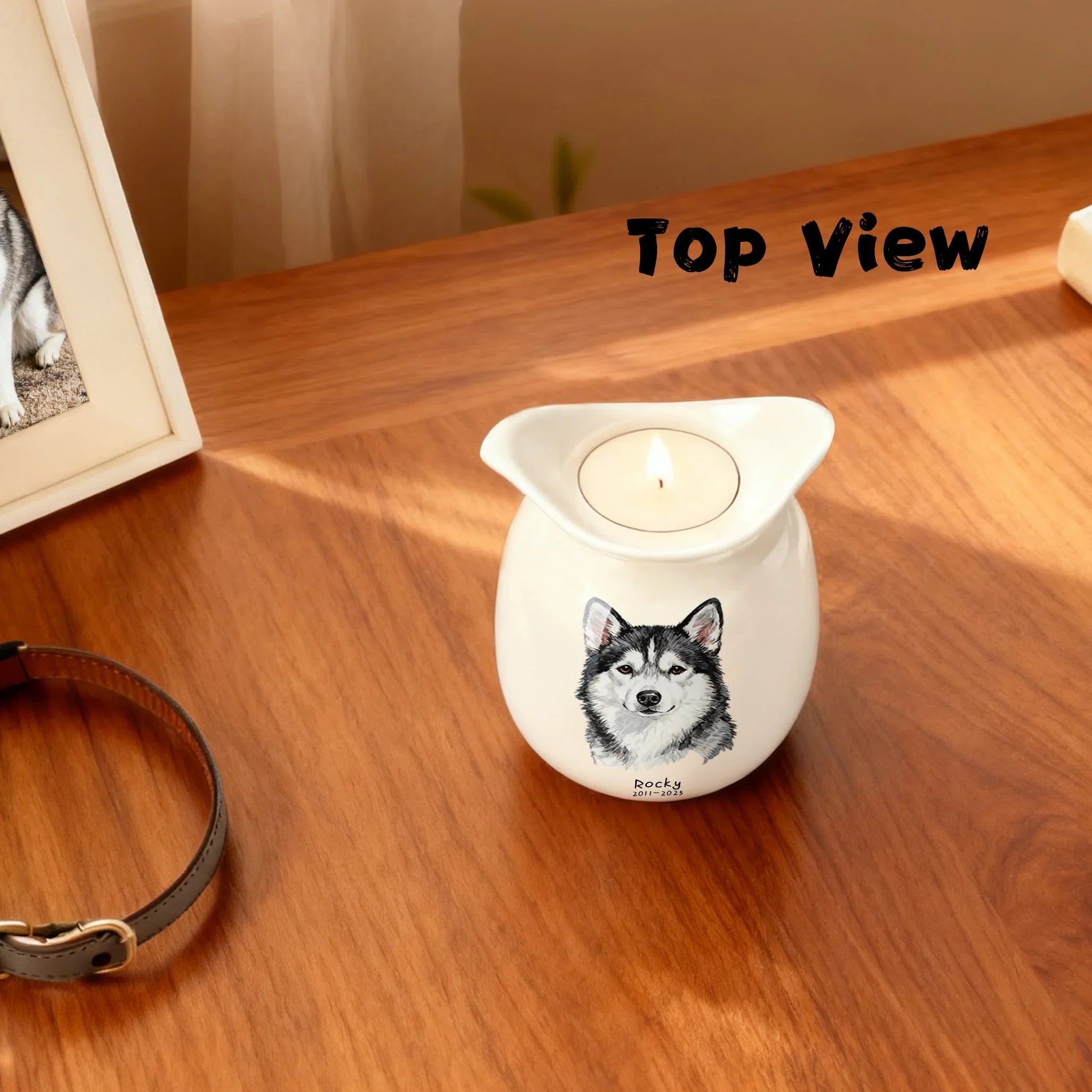 Candle holder with dog design on a wooden surface, labeled 'Top View'.