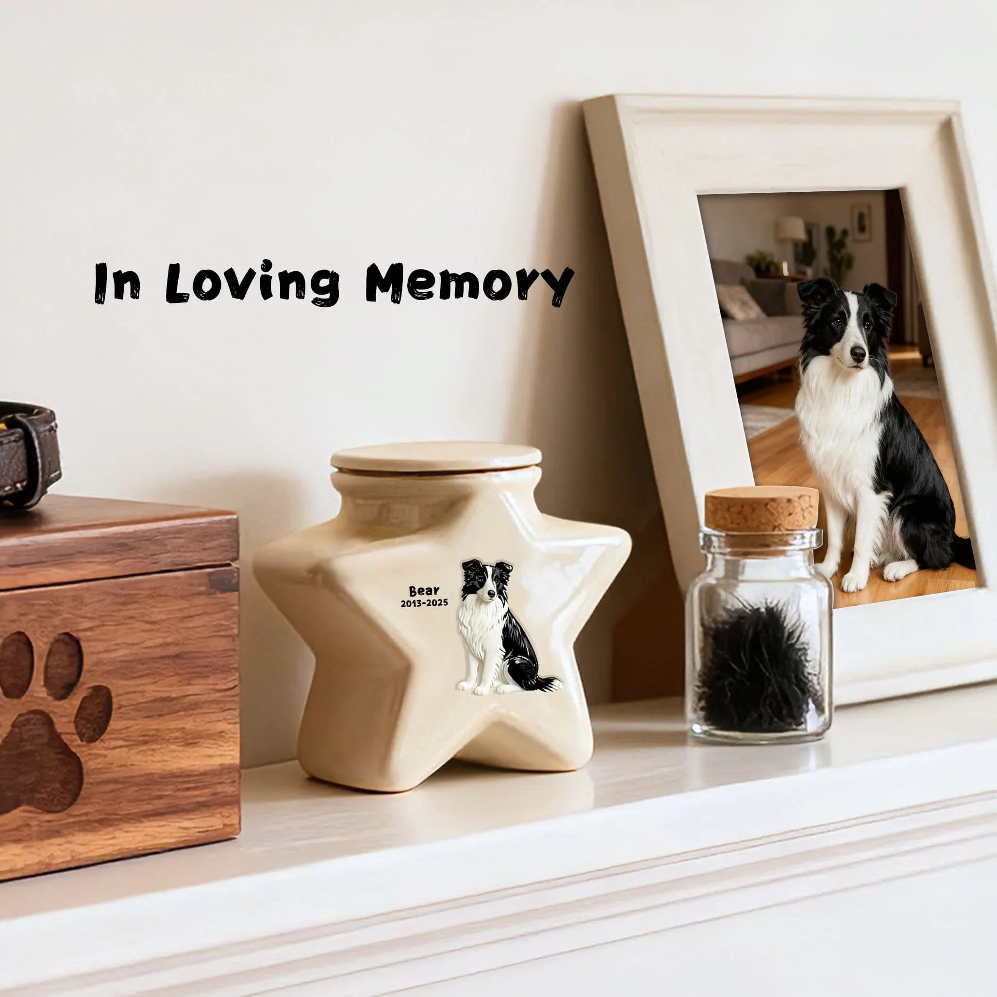 Personalized Star Ceramic Pet Urn for Border Collie - Custom Engraved Dog Memorial Ashes Container