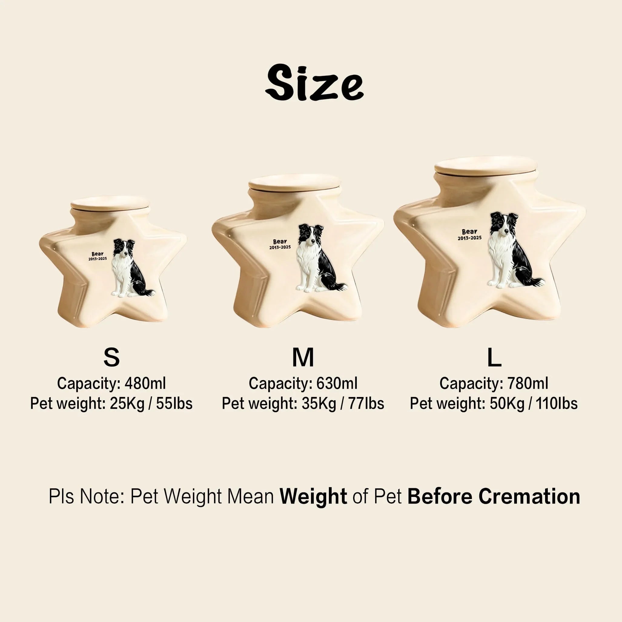 Personalized Star Ceramic Pet Urn for Border Collie - Custom Engraved Dog Memorial Ashes Container