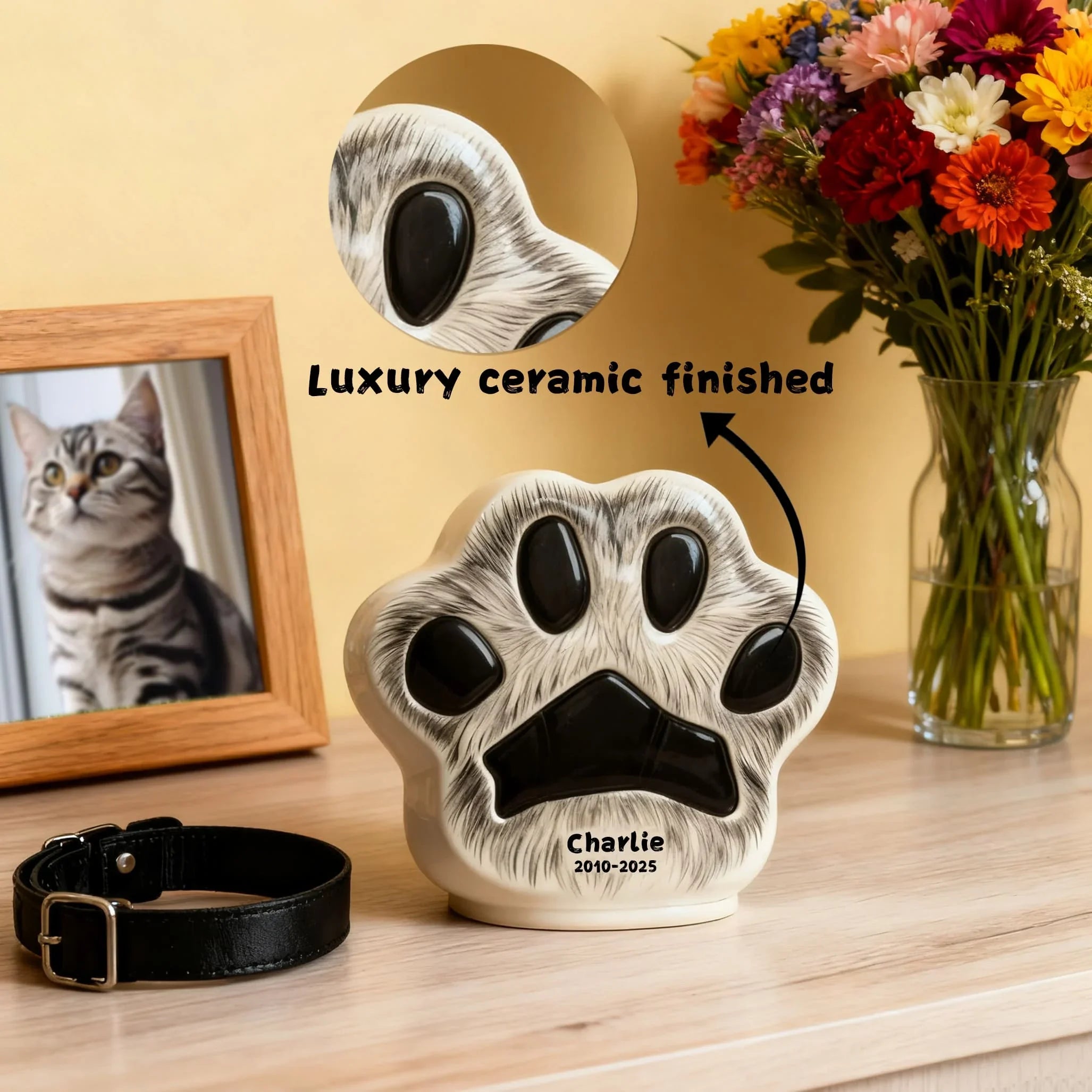 Custom Cat Urn - Paw Print Shape with Engraved Name & Pet Fur Pattern | Personalized Feline Memorial Jar
