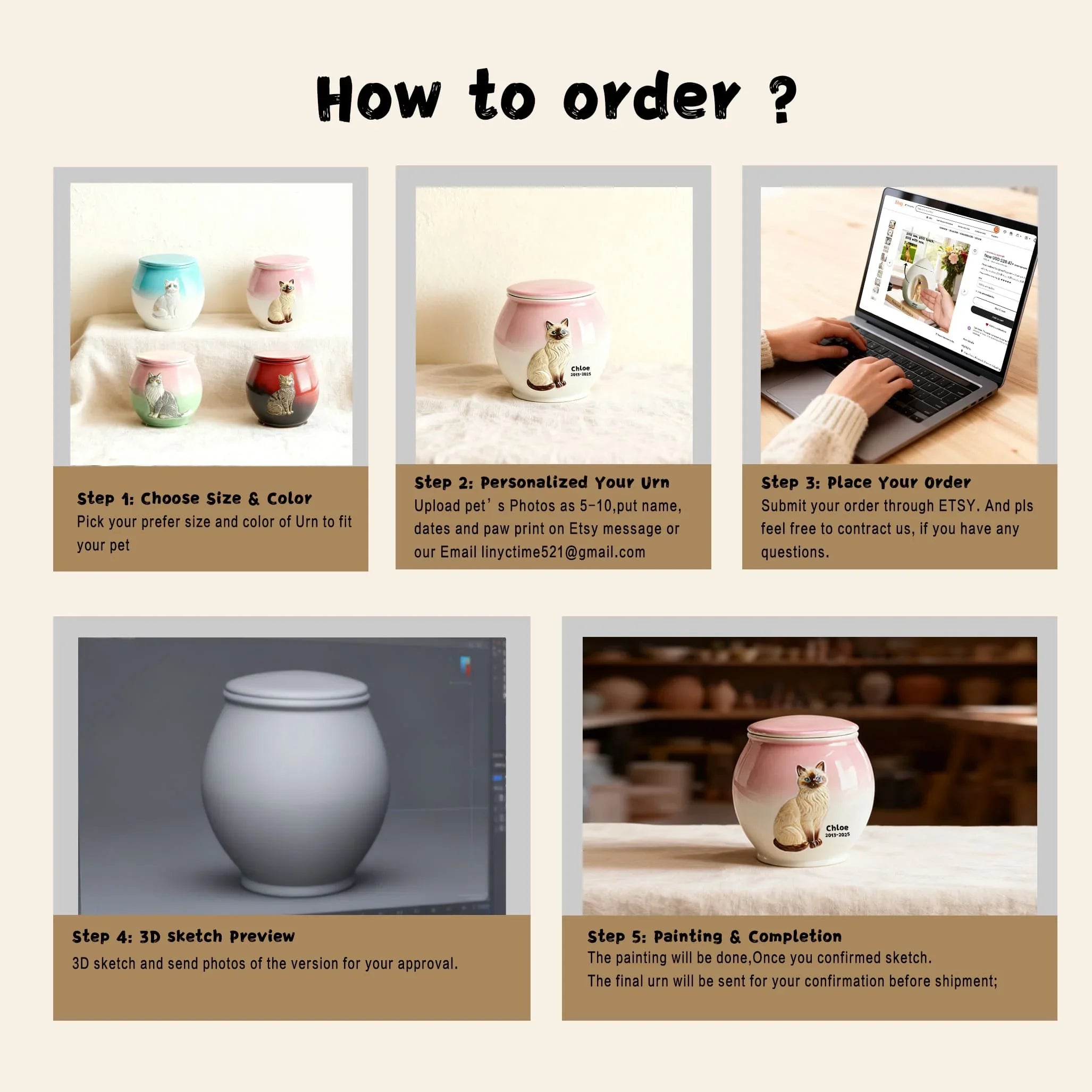 Personalized Cat Urn – Custom Ceramic Cat Memorial Urn for Ashes with Portrait & Name | Handmade Pet Remembrance Gift