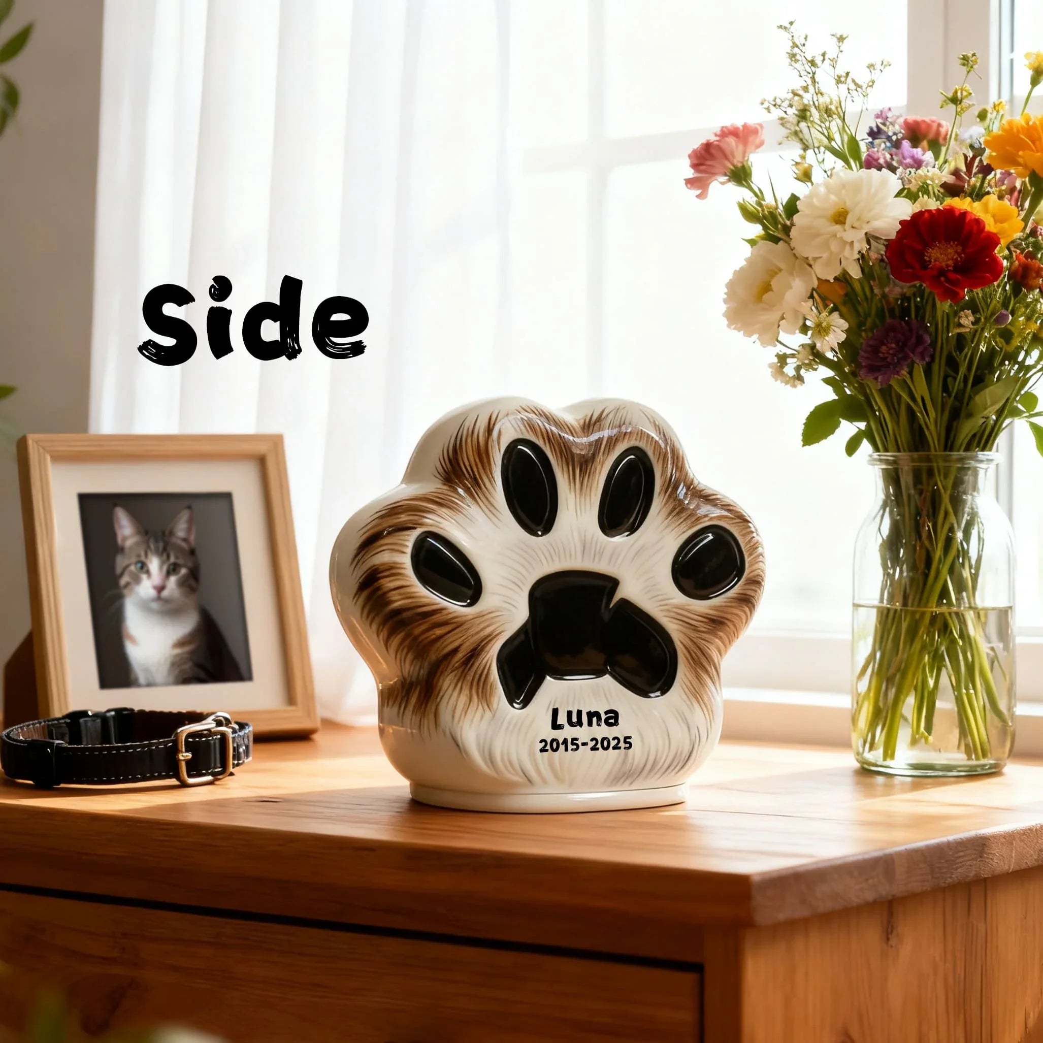 Custom Cat Urn - Paw Print Shape with Engraved Name & Pet Fur Pattern | Personalized Feline Memorial Jar