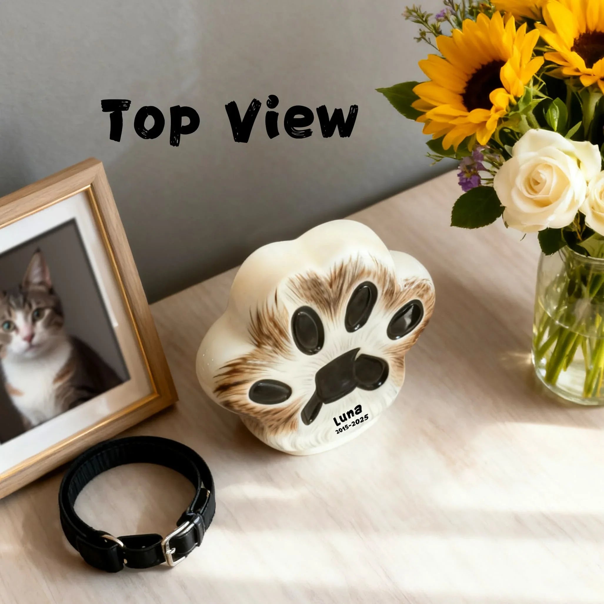 Custom Cat Urn - Paw Print Shape with Engraved Name & Pet Fur Pattern | Personalized Feline Memorial Jar