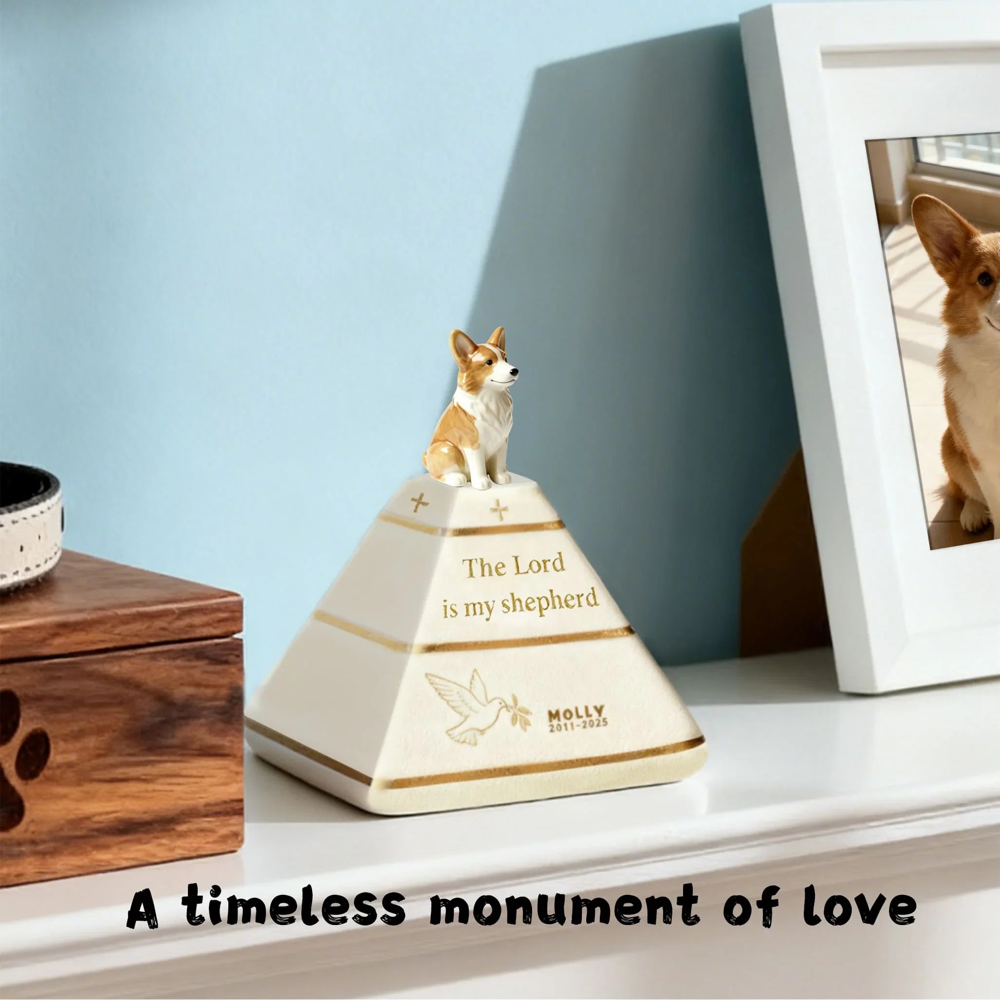 Custom Pyramid Pet Urn for Ashes – Hand-Painted Dog Figurine | “The Lord Is My Shepherd” Memorial