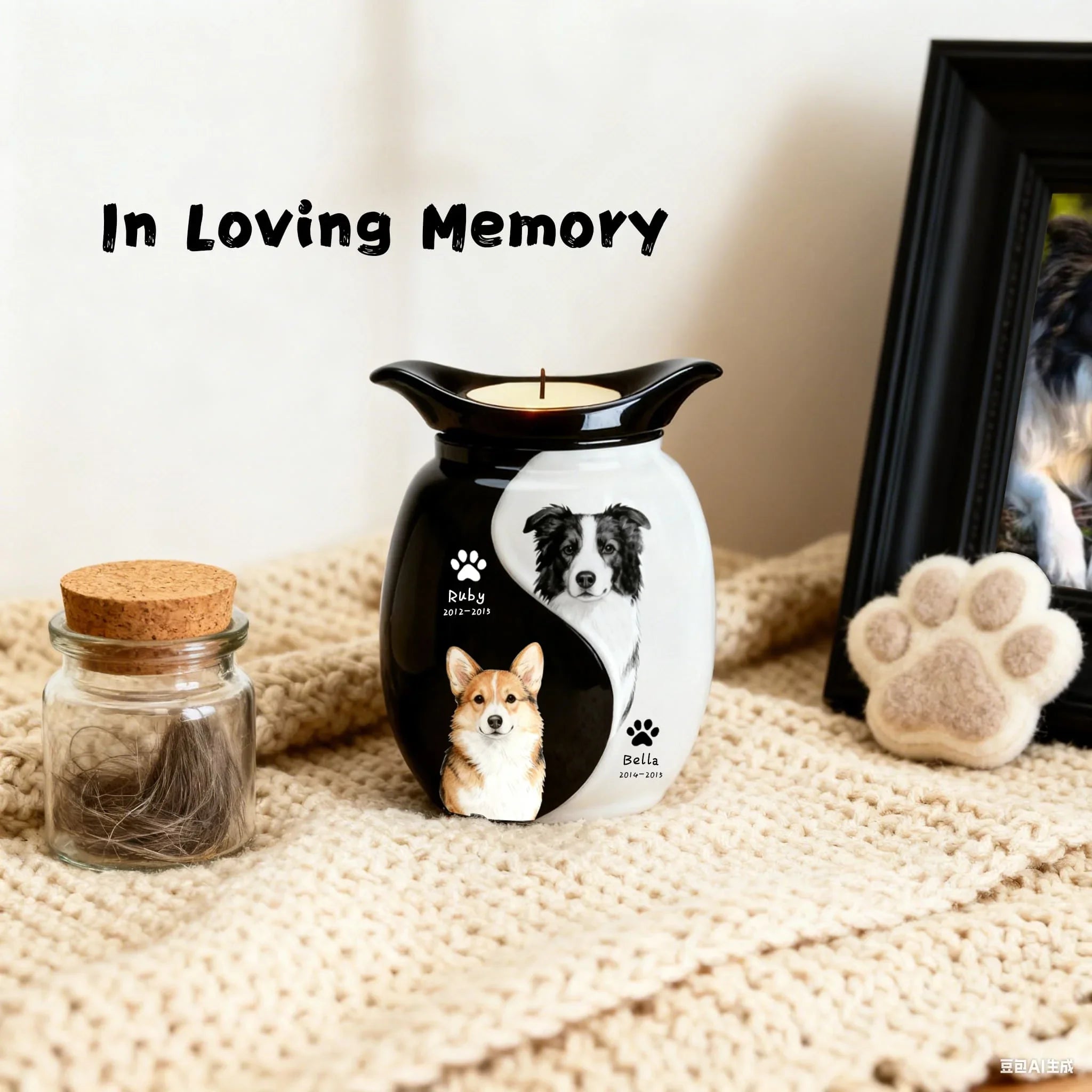 Custom Double Pet Urn with Hand-Painted Portraits | Memorial Urn for Ashes