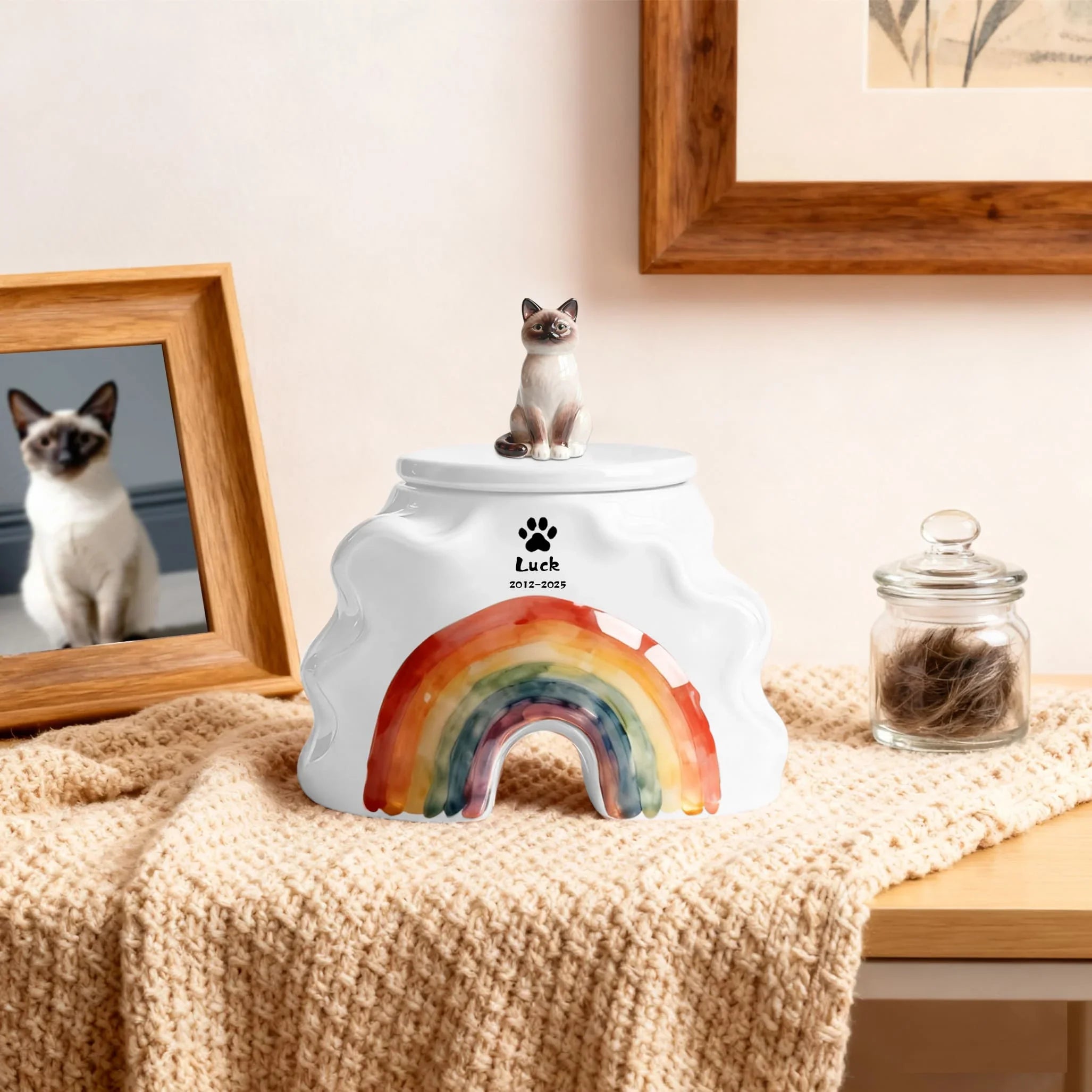 Bespoke Cat Memorial Urn - Rainbow Bridge Themed with Custom Engraving