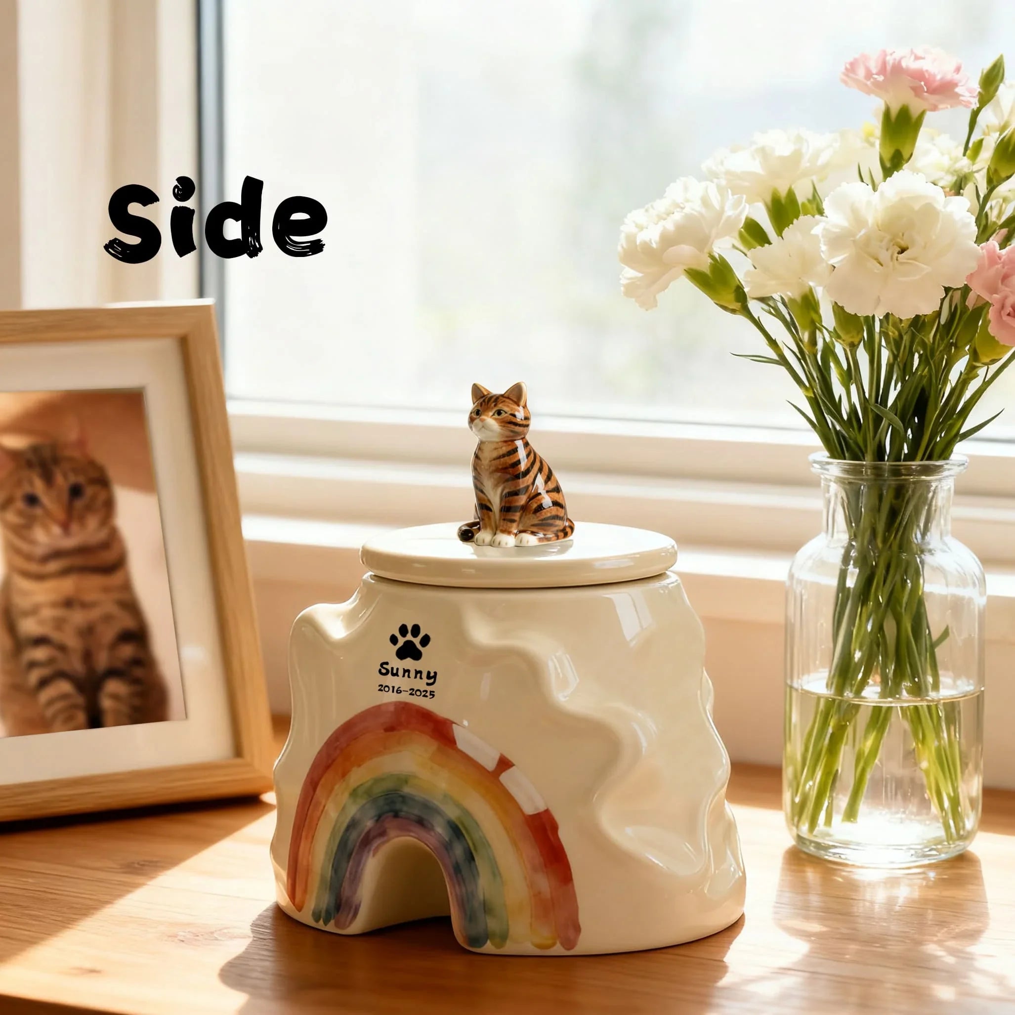 Custom Cat Urn - Rainbow Bridge Memorial with Engraved Name and Pet Portrait