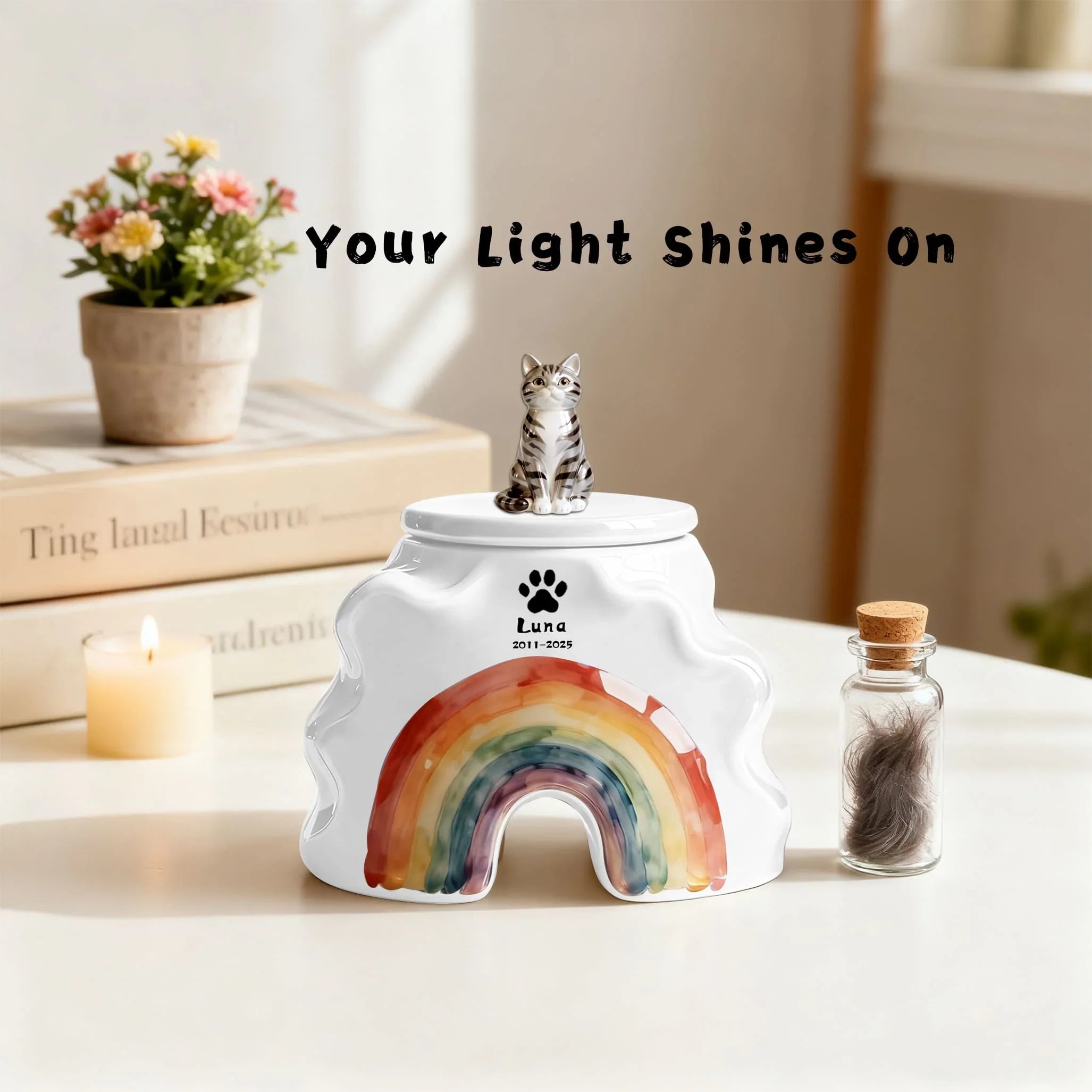 Custom Cat Urn - Rainbow Bridge Memorial with Engraved Name and Pet Portrait
