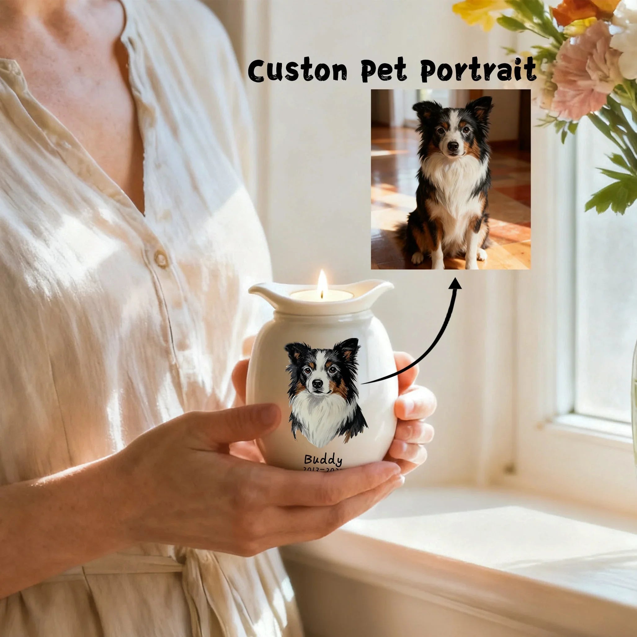 Cat Urn with Candle – Personalized Ceramic Memorial Urn for Pet Ashes, Custom Name & Dates