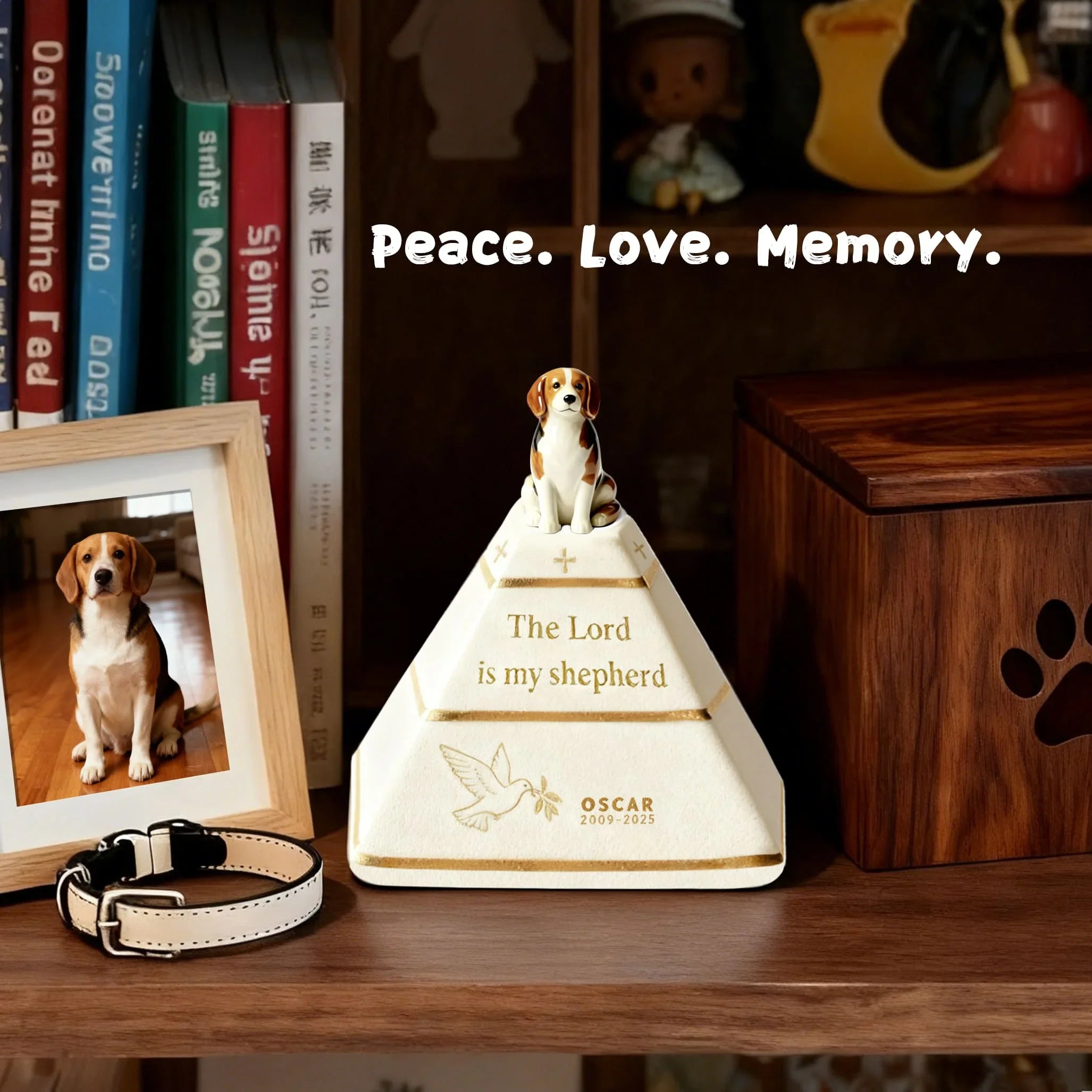 Custom Pyramid Pet Urn for Ashes – Hand-Painted Dog Figurine | “The Lord Is My Shepherd” Memorial