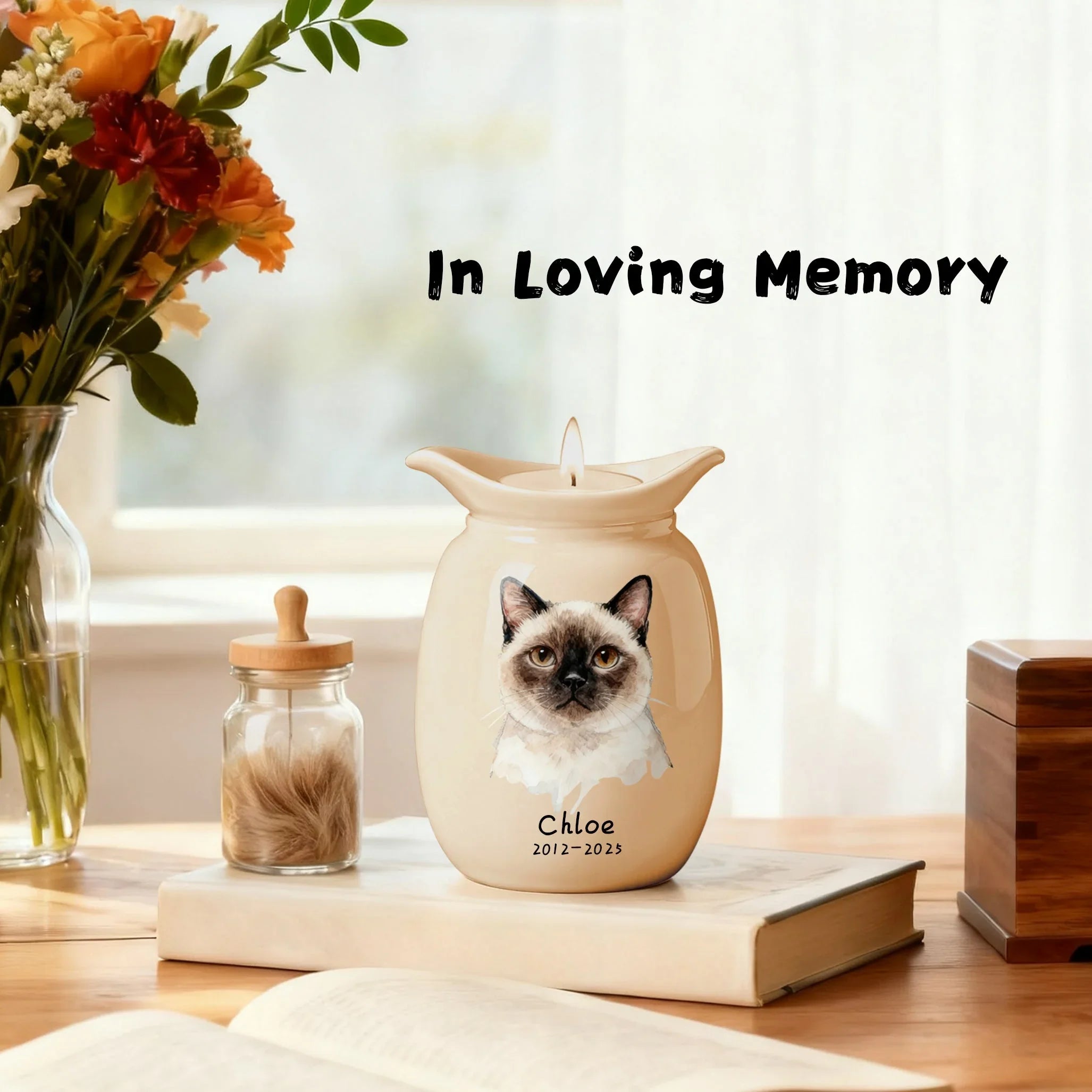 Personalized Cat Urns for Ashes With Candle Holder–Luxury Ceramic Pet Urns for Cat or Dog,Hand-Painting Portrait,Name&Date,Pet Loss Gift