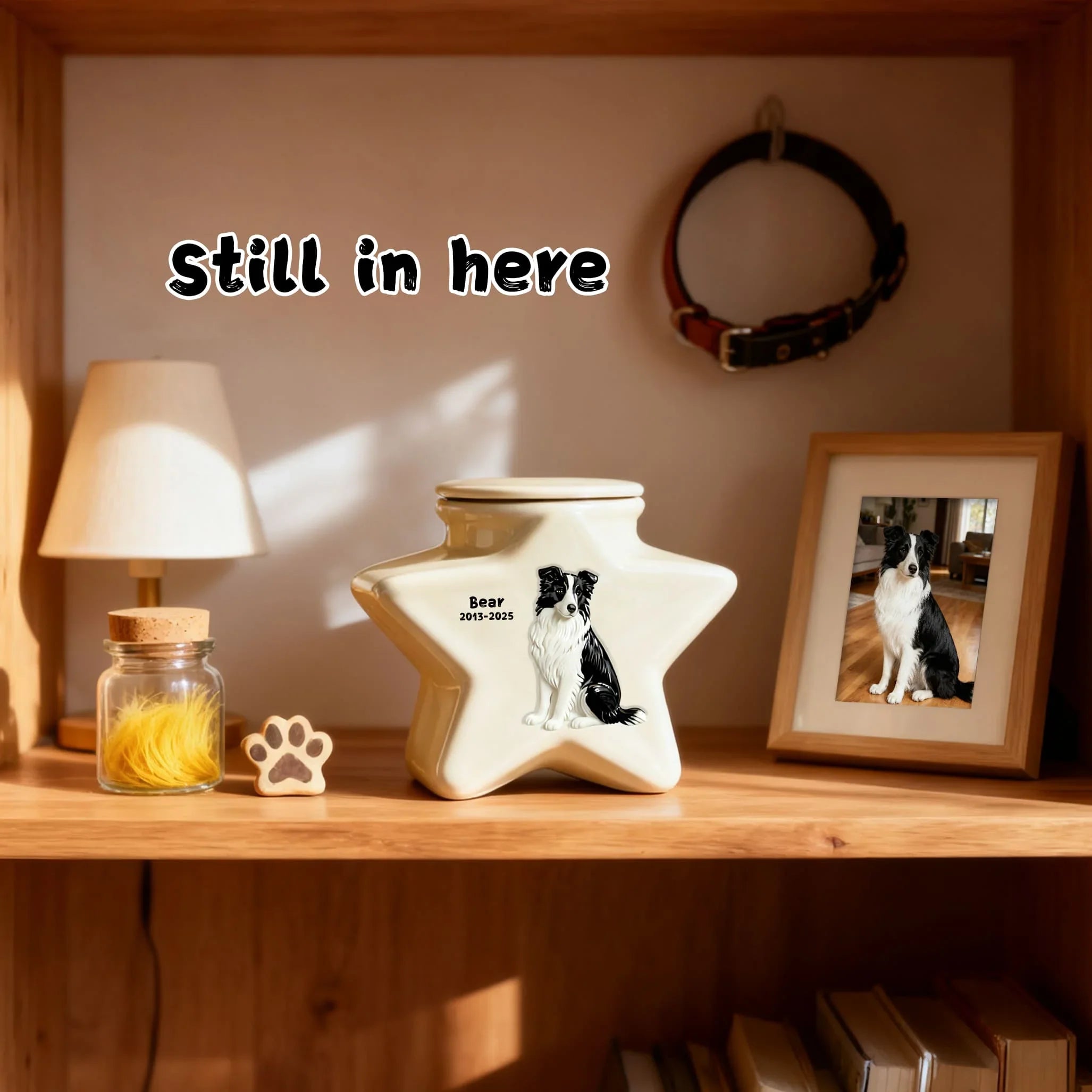 Personalized Star Ceramic Pet Urn for Border Collie - Custom Engraved Dog Memorial Ashes Container