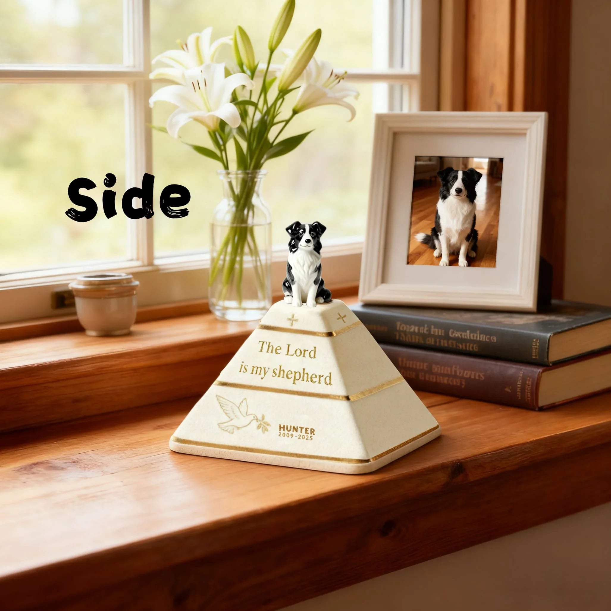 Custom Pyramid Pet Urn for Ashes – Hand-Painted Dog Figurine | “The Lord Is My Shepherd” Memorial