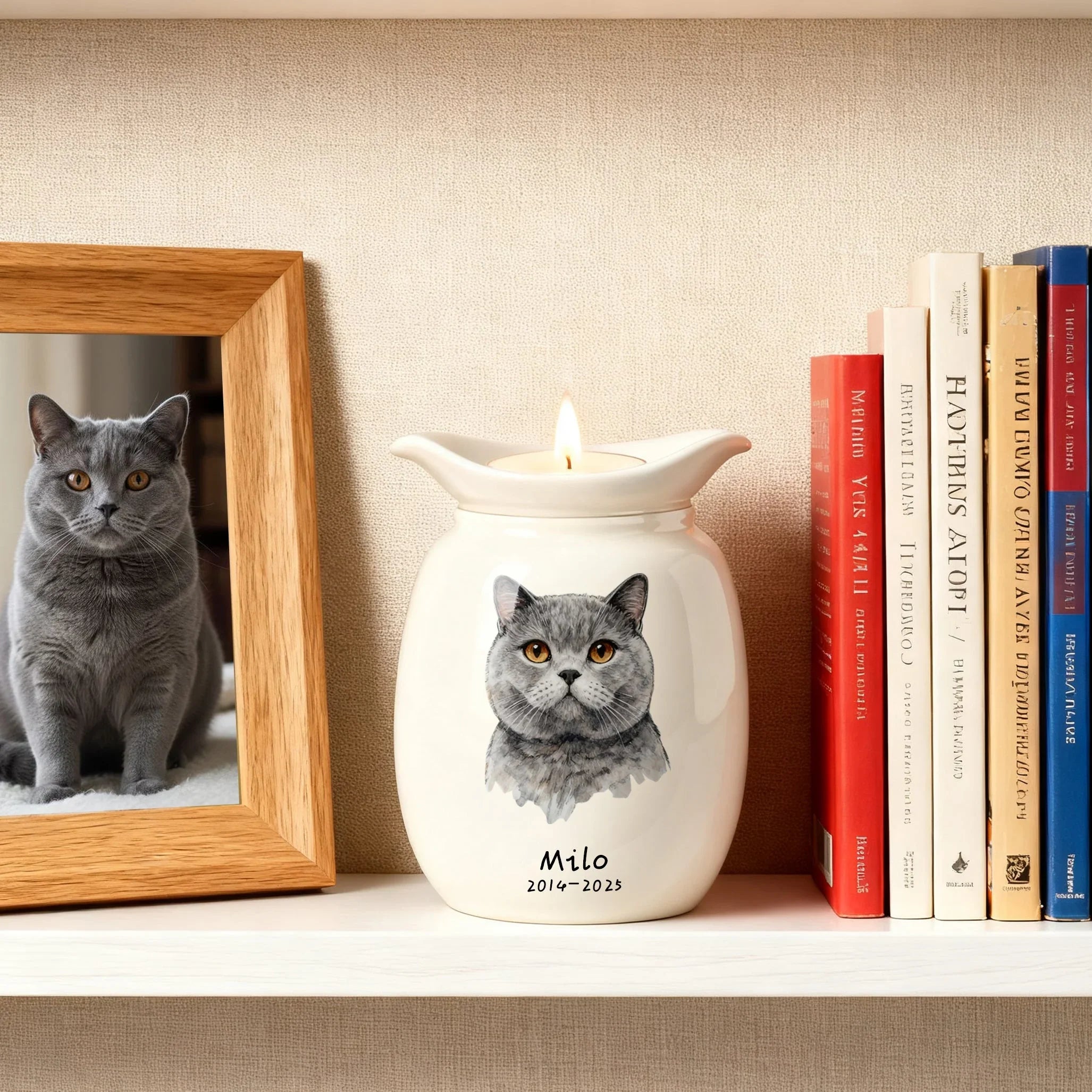 Cat Urn with Candle – Personalized Ceramic Memorial Urn for Pet Ashes, Custom Name & Dates