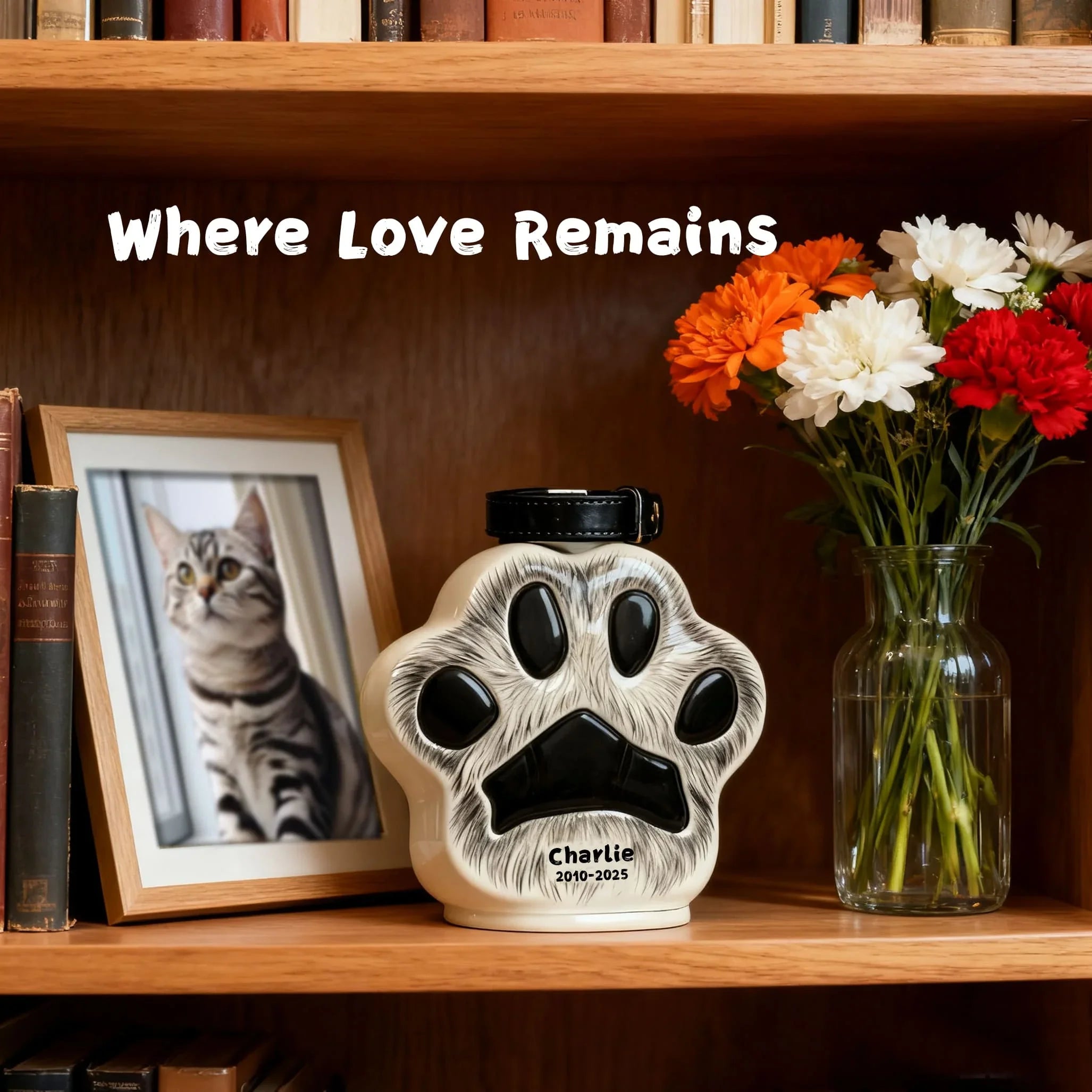 Custom Cat Urn - Paw Print Shape with Engraved Name & Pet Fur Pattern | Personalized Feline Memorial Jar
