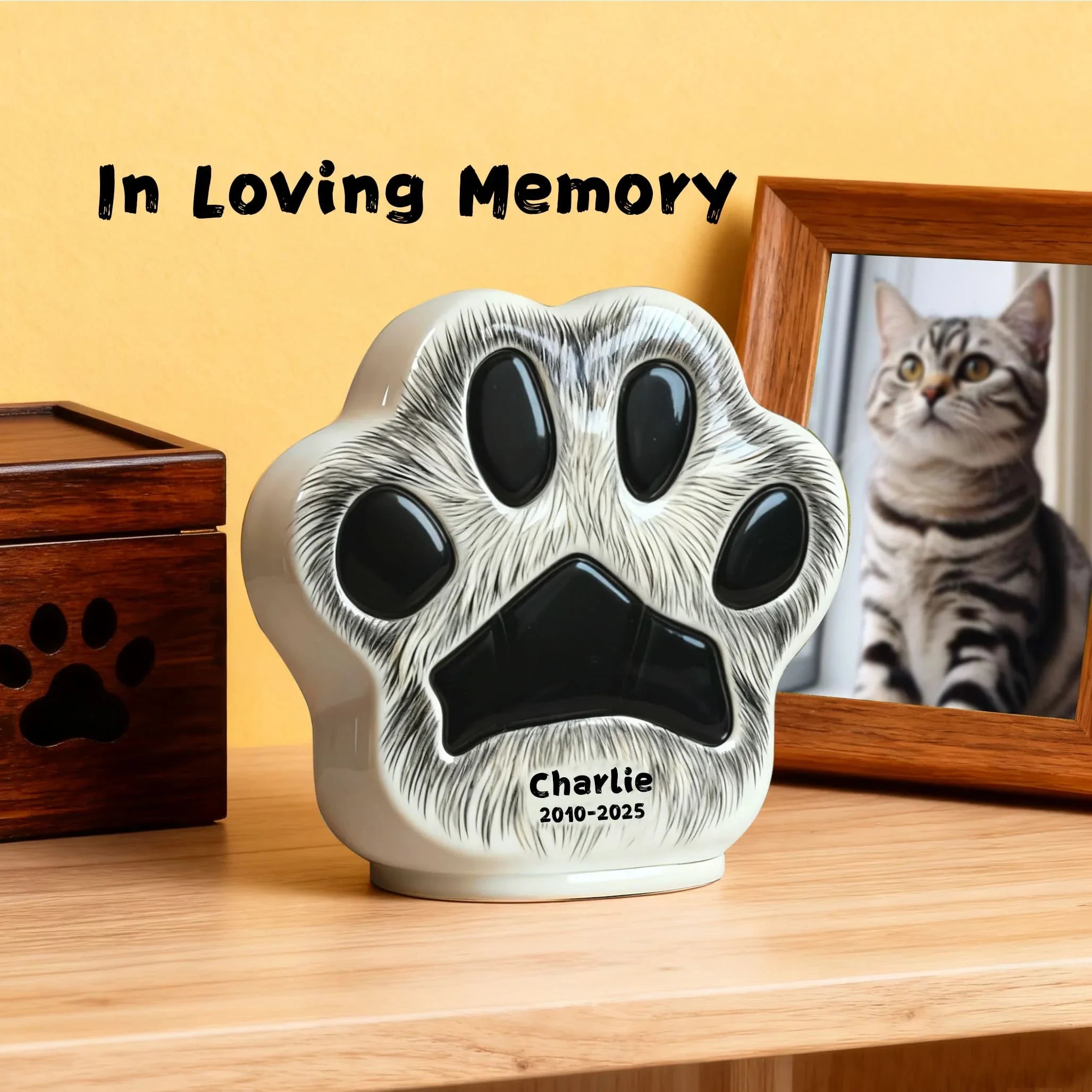 Custom Cat Urn - Paw Print Shape with Engraved Name & Pet Fur Pattern | Personalized Feline Memorial Jar