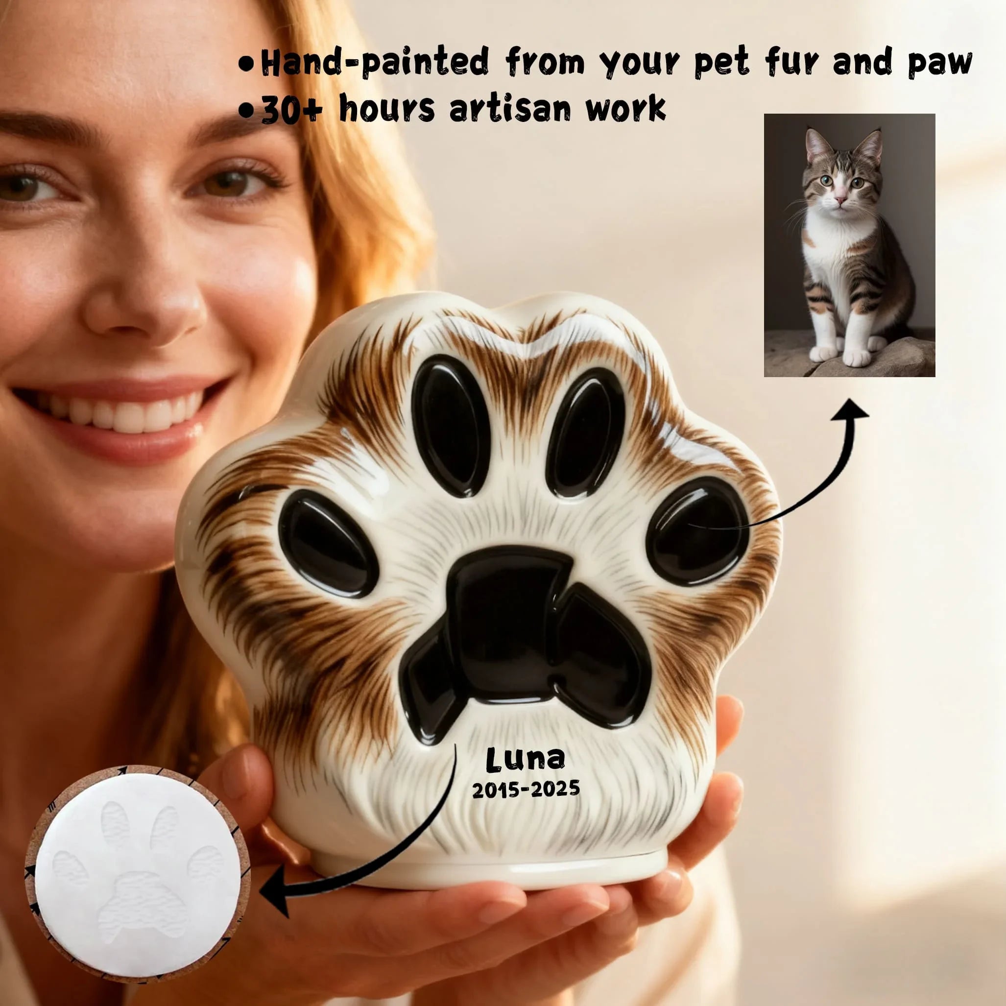 Custom Cat Urn - Paw Print Shape with Engraved Name & Pet Fur Pattern | Personalized Feline Memorial Jar