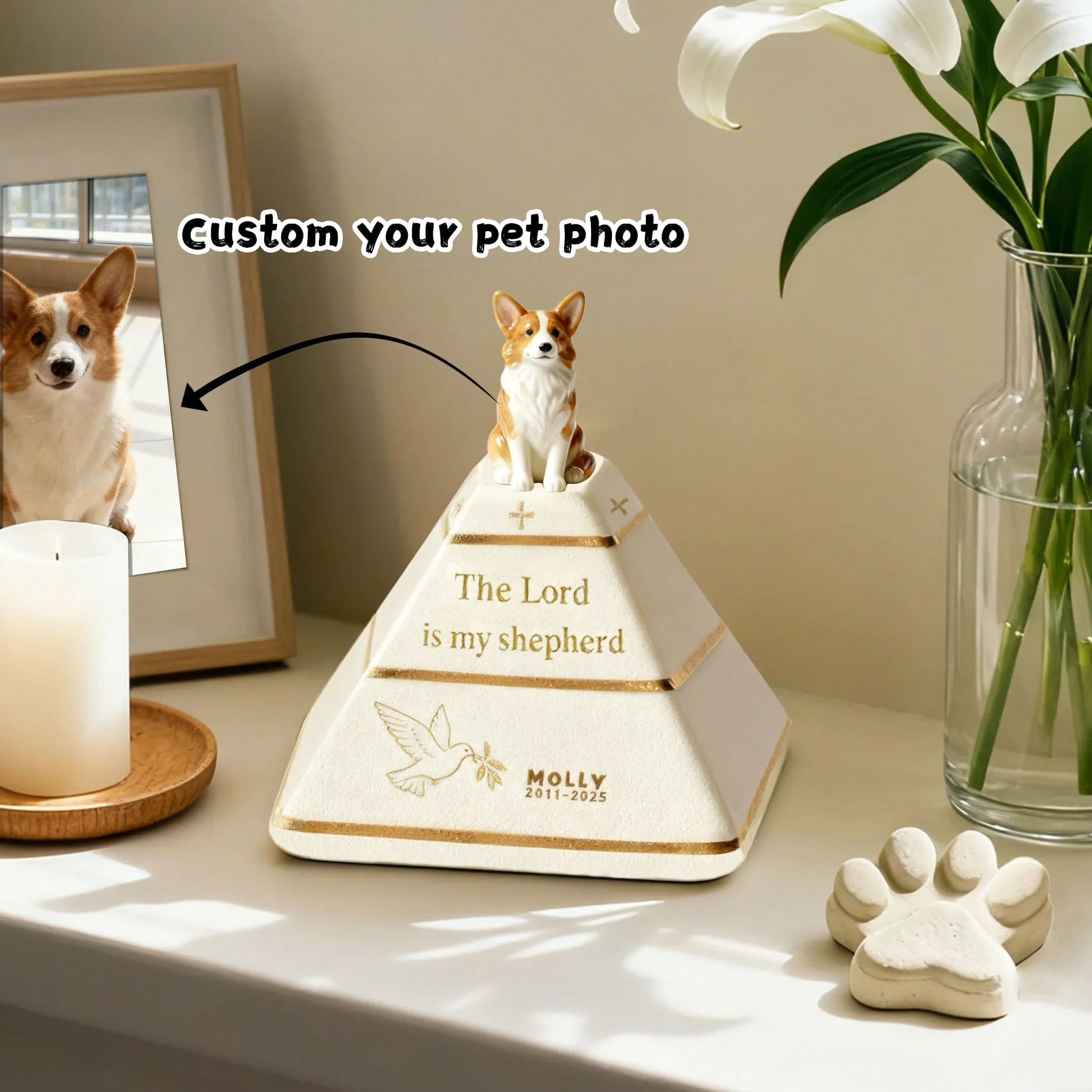 Custom Pyramid Pet Urn for Ashes – Hand-Painted Dog Figurine | “The Lord Is My Shepherd” Memorial