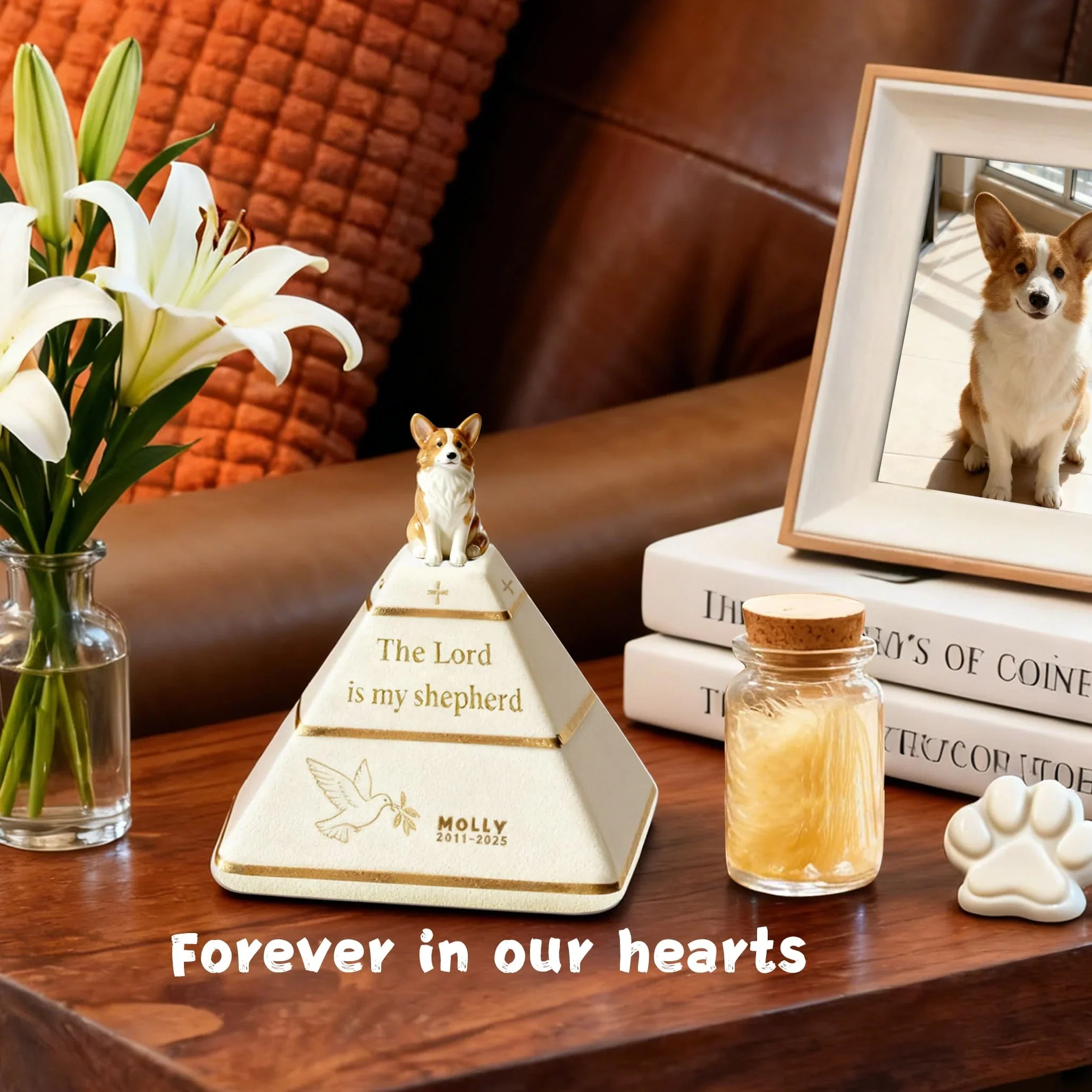 Custom Pyramid Pet Urn for Ashes – Hand-Painted Dog Figurine | “The Lord Is My Shepherd” Memorial