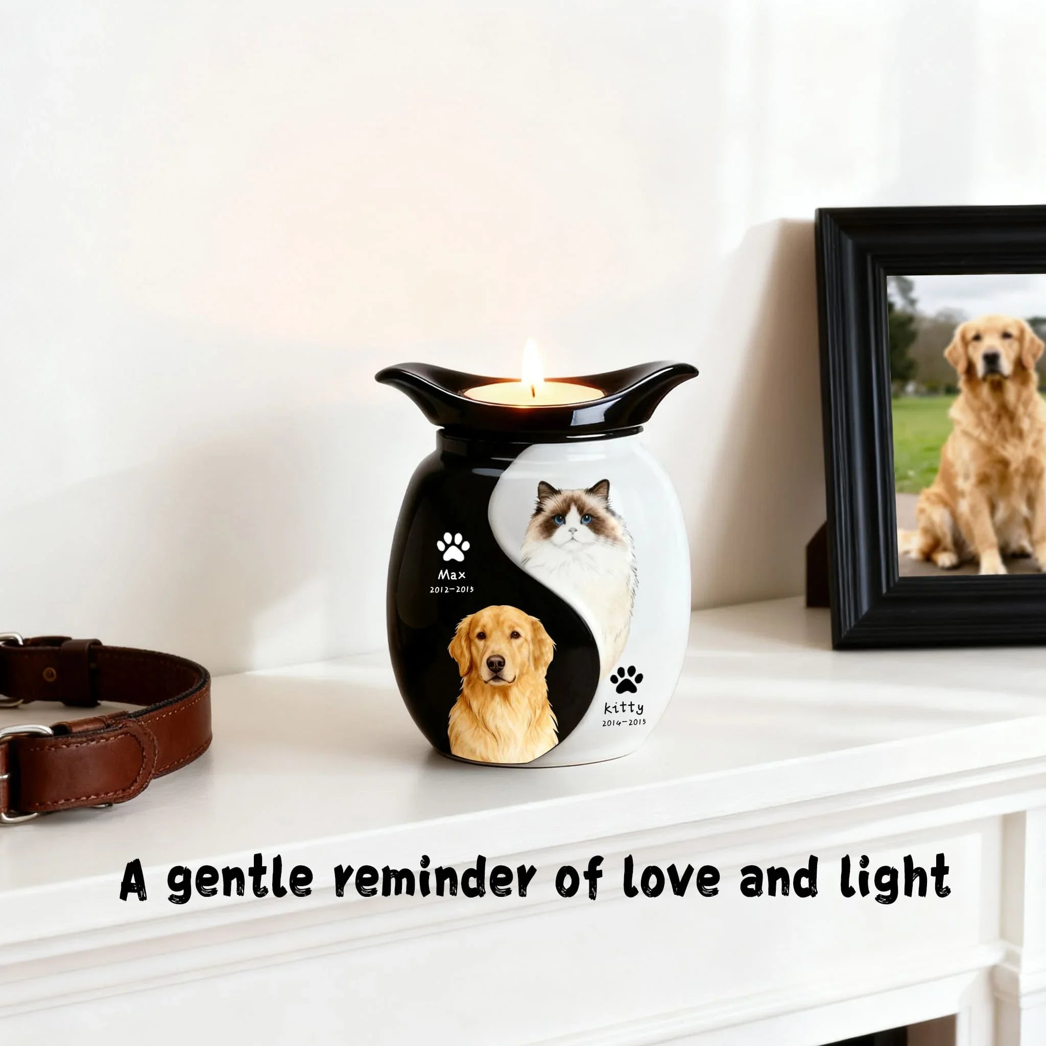 Personalized Pet Urn for Two Dogs or Cats | Dual Ashes Holder with Candle