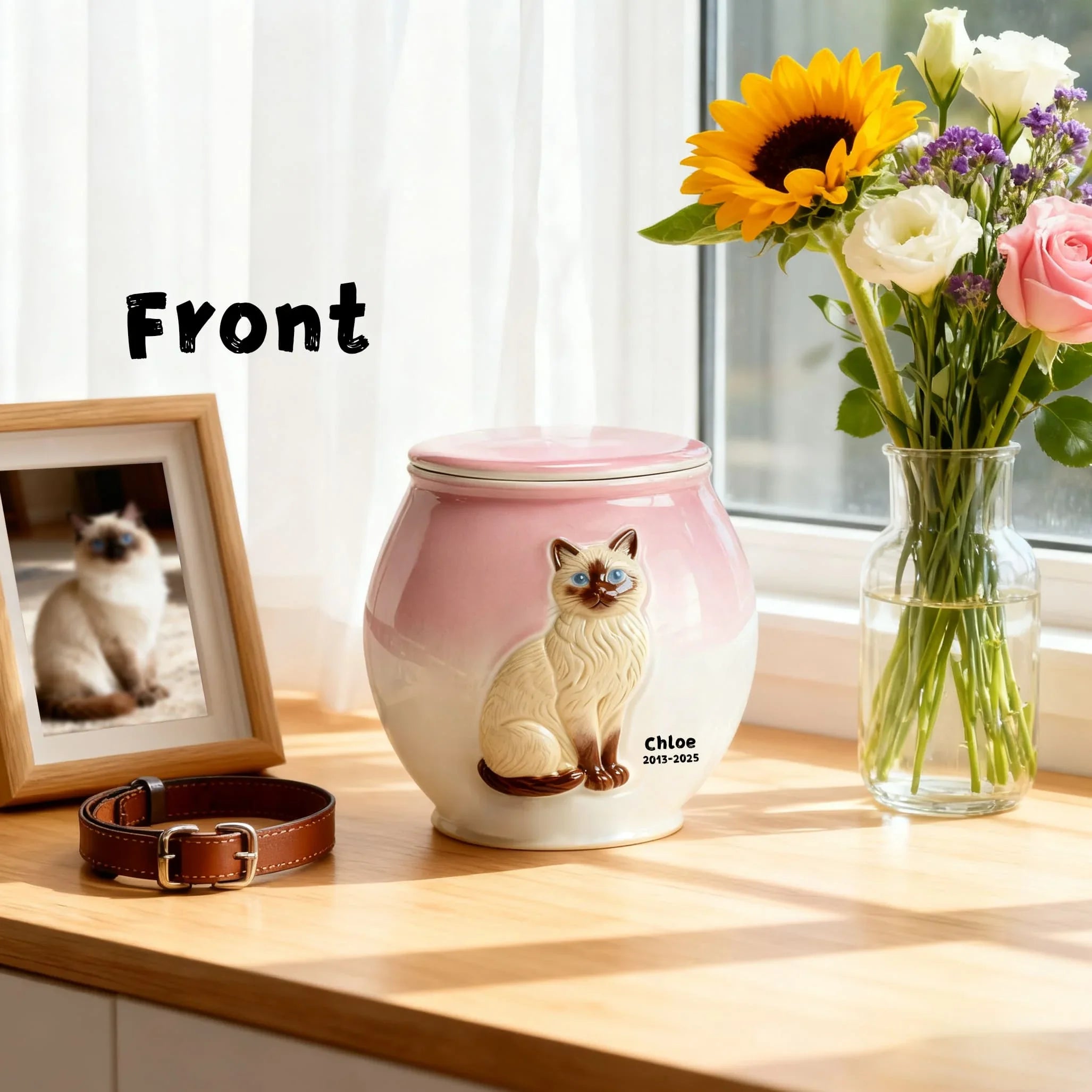 Personalized Cat Urn – Custom Ceramic Cat Memorial Urn for Ashes with Portrait & Name | Handmade Pet Remembrance Gift