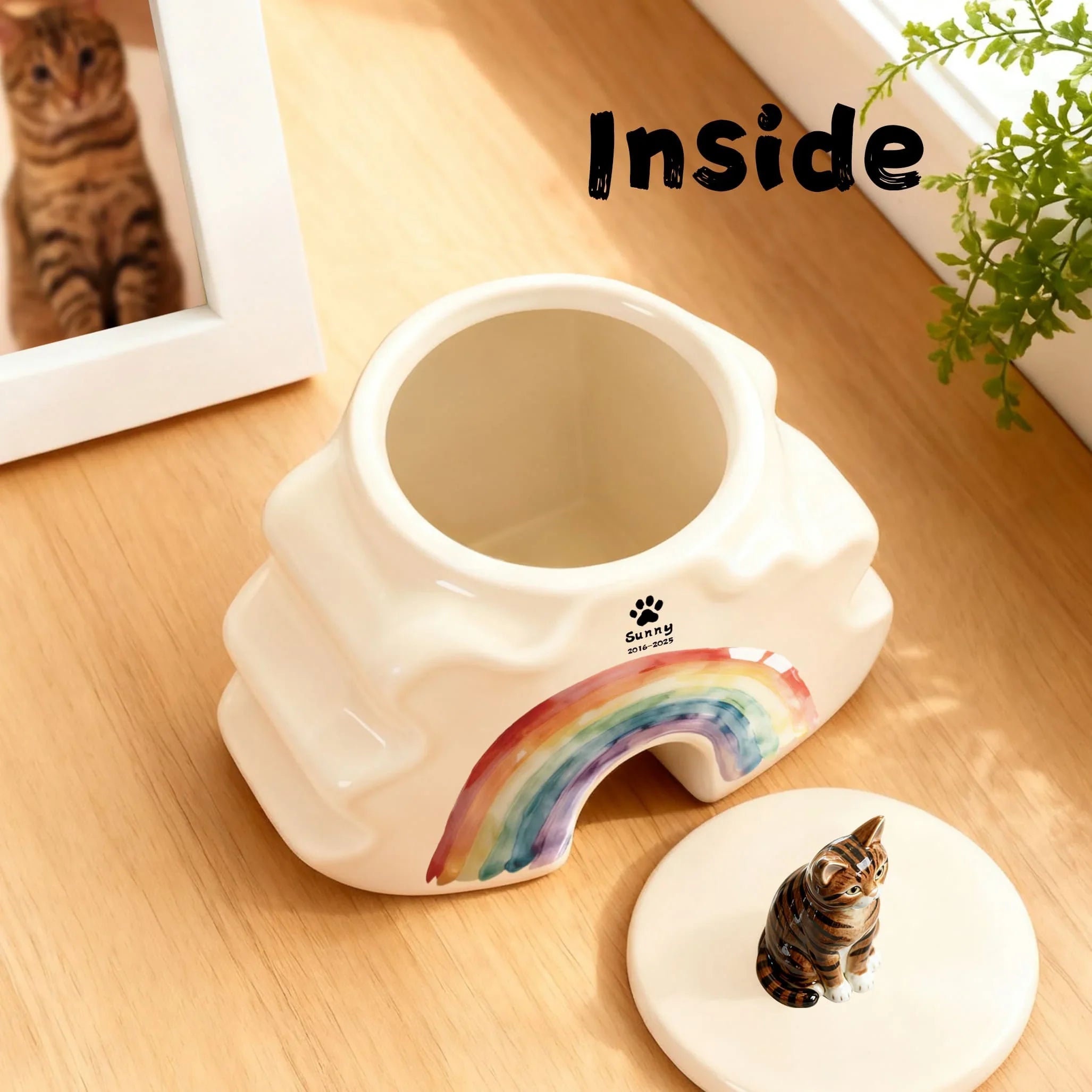 Custom Cat Urn - Rainbow Bridge Memorial with Engraved Name and Pet Portrait