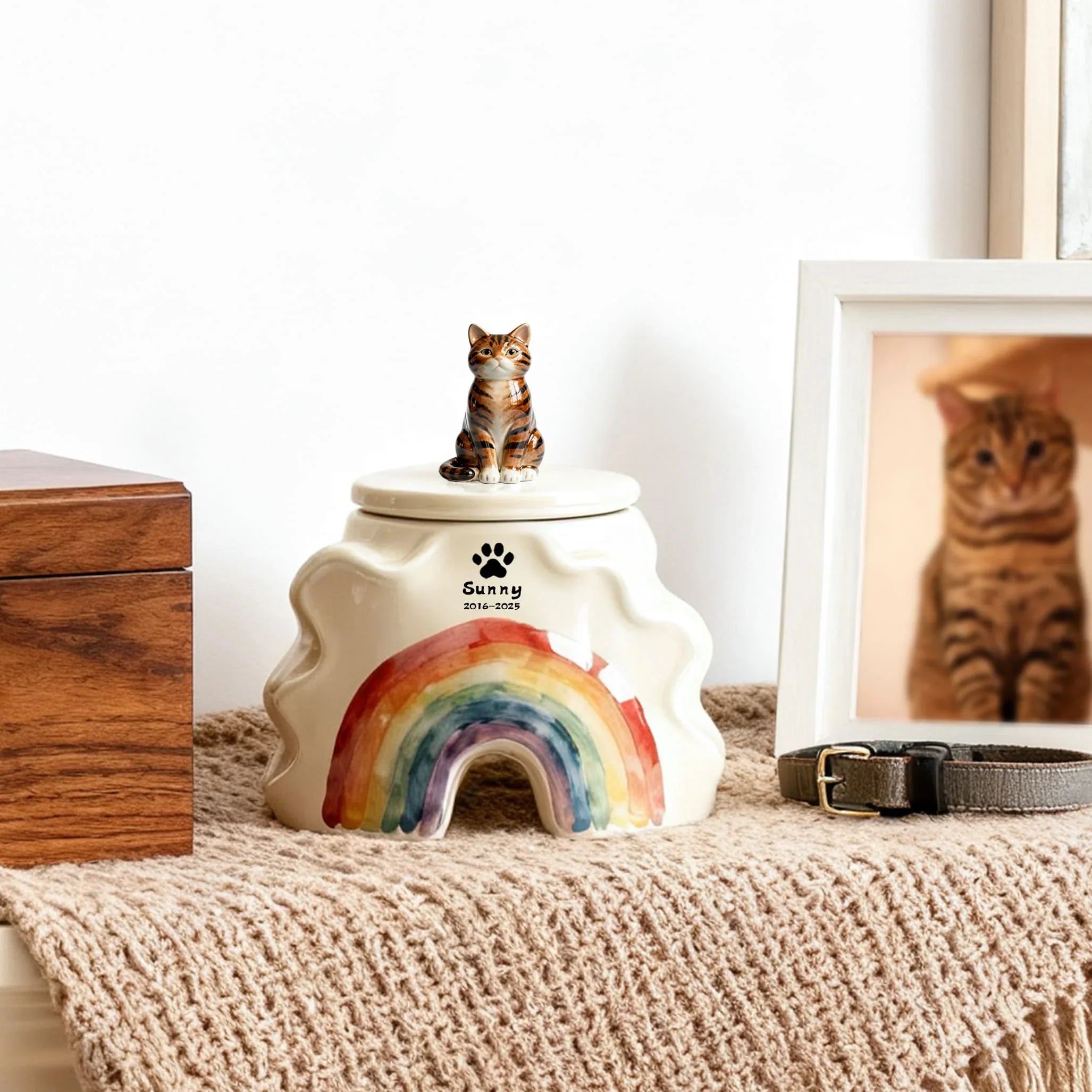 Personalized Cat Cremation Urn - Custom Pet Portrait & Date Engraving