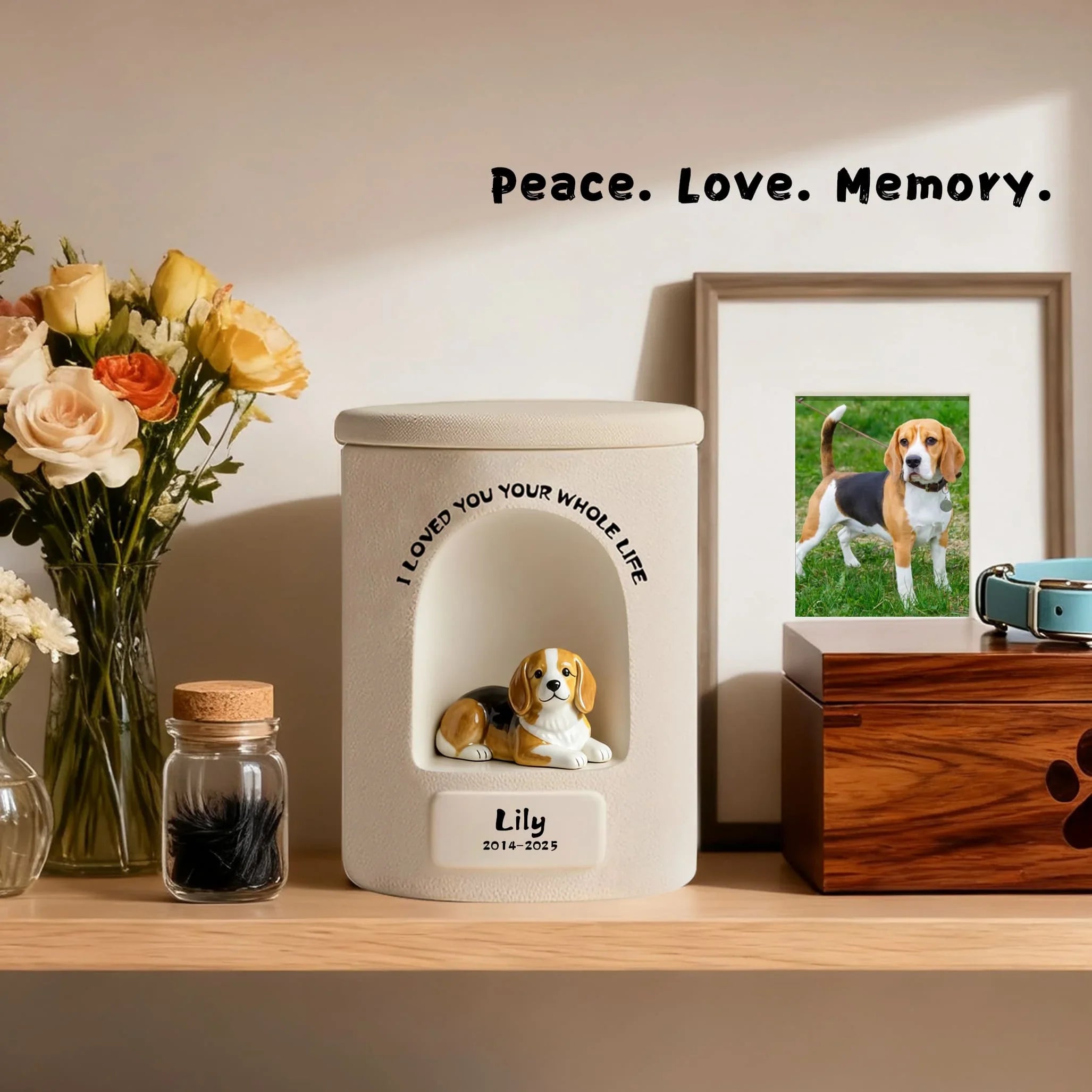 Memorial urn for a pet with a photo of a dog and flowers on a shelf.