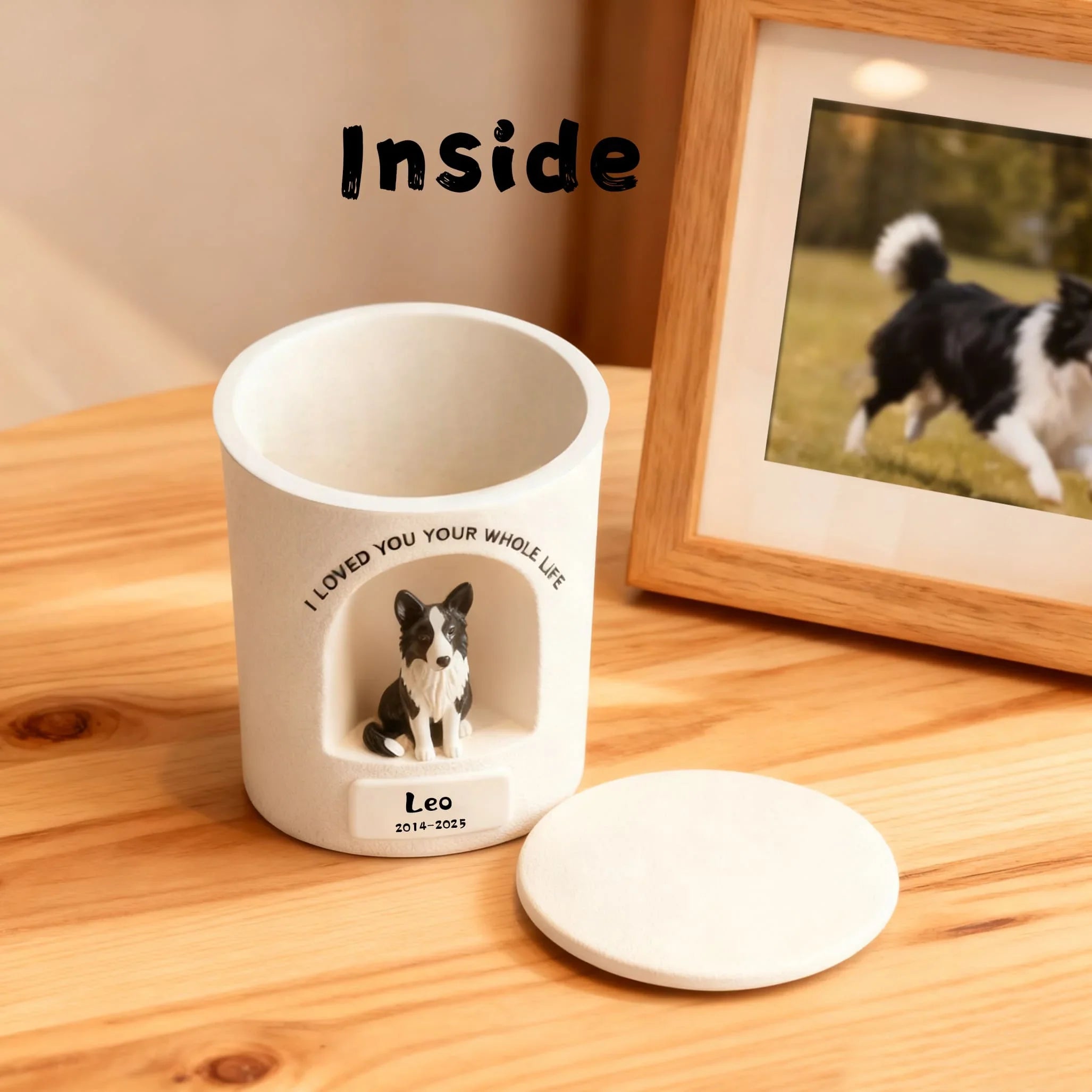 Memorial mug with a dog's photo and text on a wooden surface next to a framed picture of a dog.