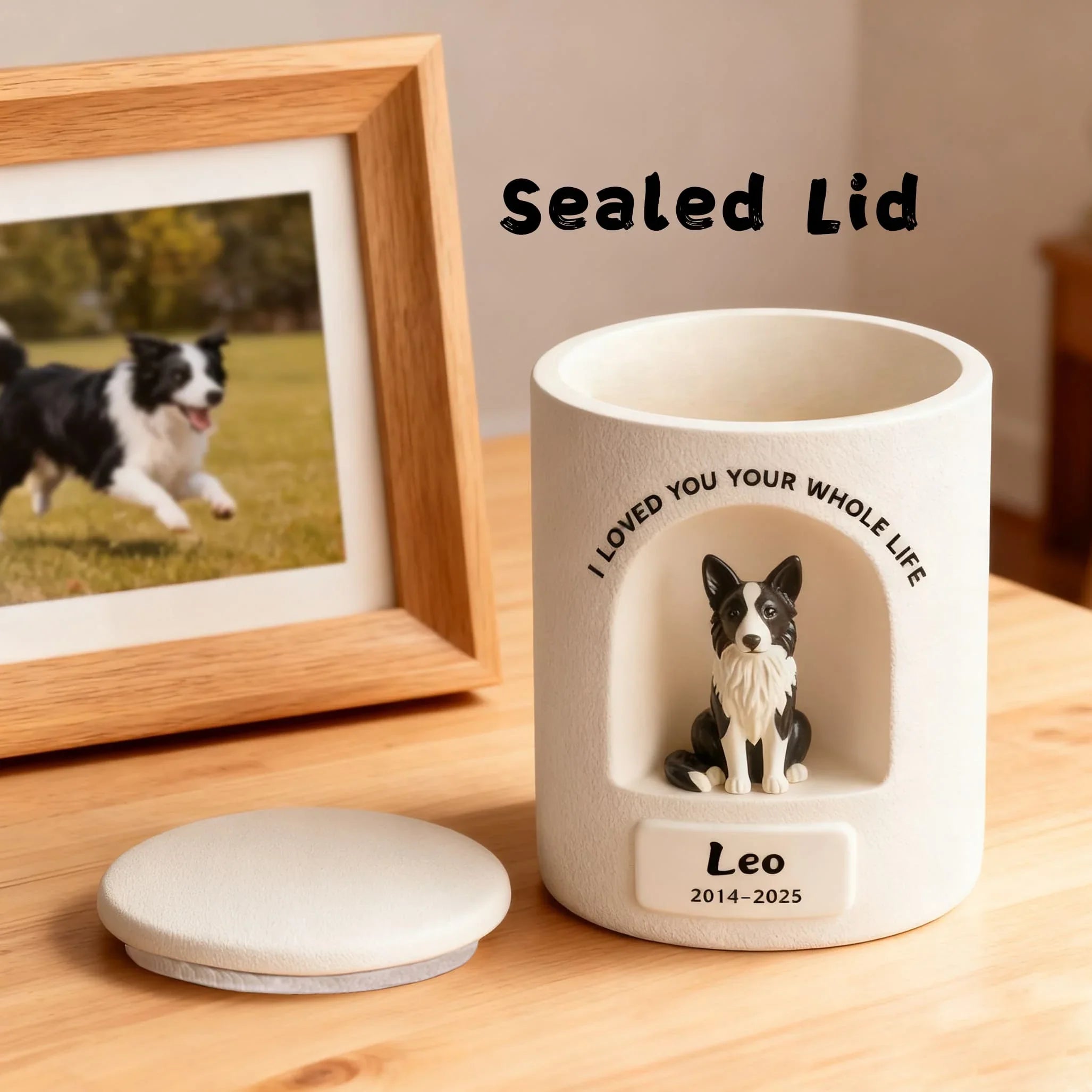 Memorial urn with a dog's photo and text, placed on a wooden surface next to a framed picture of a dog.