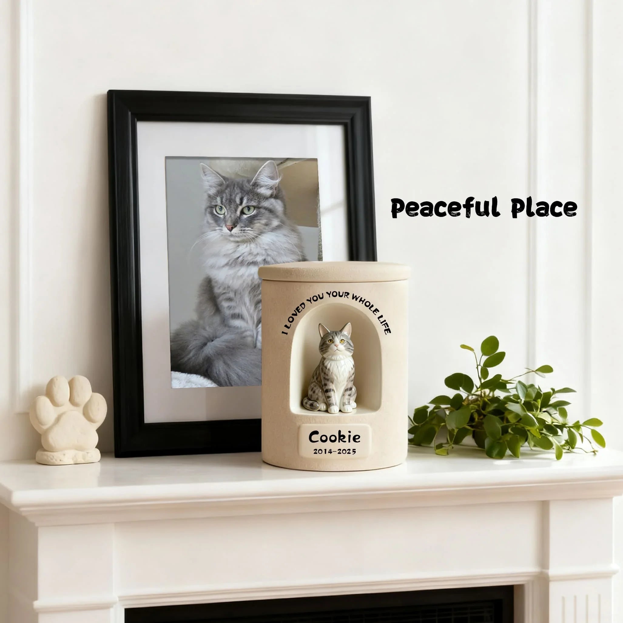 Framed picture of a cat, cat-shaped urn, and paw print decor on a mantelpiece with 'Peaceful Place' text.
