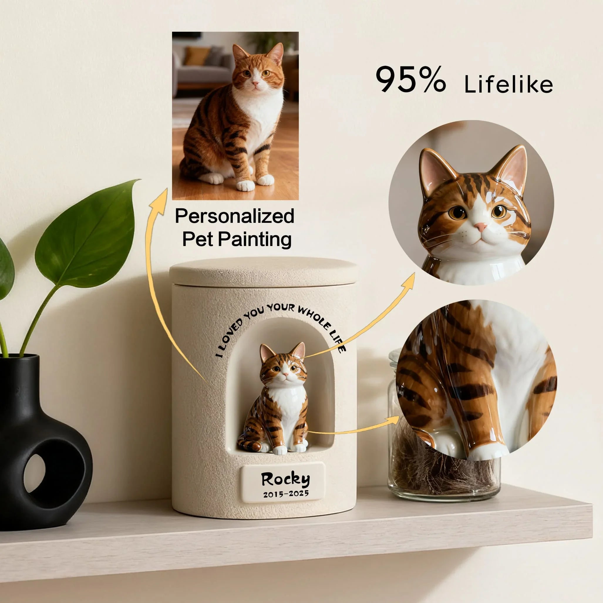 Pet memorial with personalized painting of a cat named Rocky, featuring 95% lifelike accuracy.