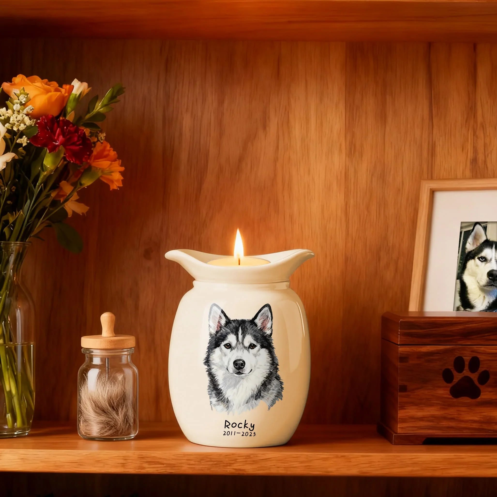 Candle warmer with a dog design and 'Rocky' text on a wooden shelf with flowers and a photo frame.