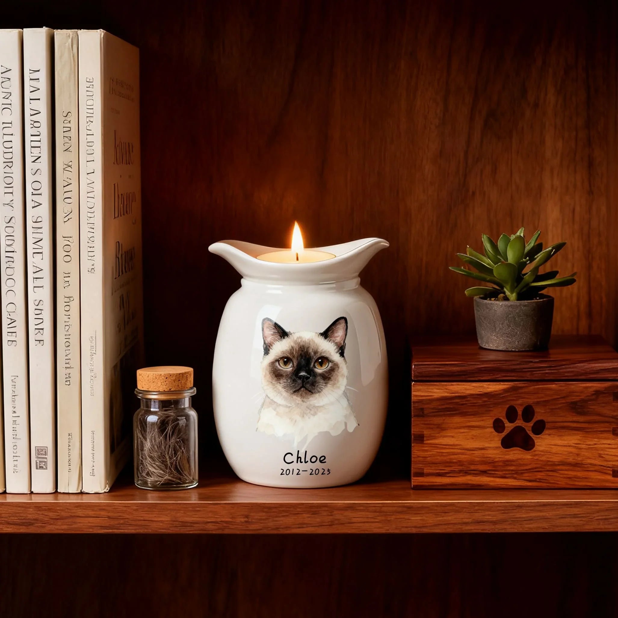 Cat Urn with Candle – Personalized Ceramic Memorial Urn for Pet Ashes, Custom Name & Dates