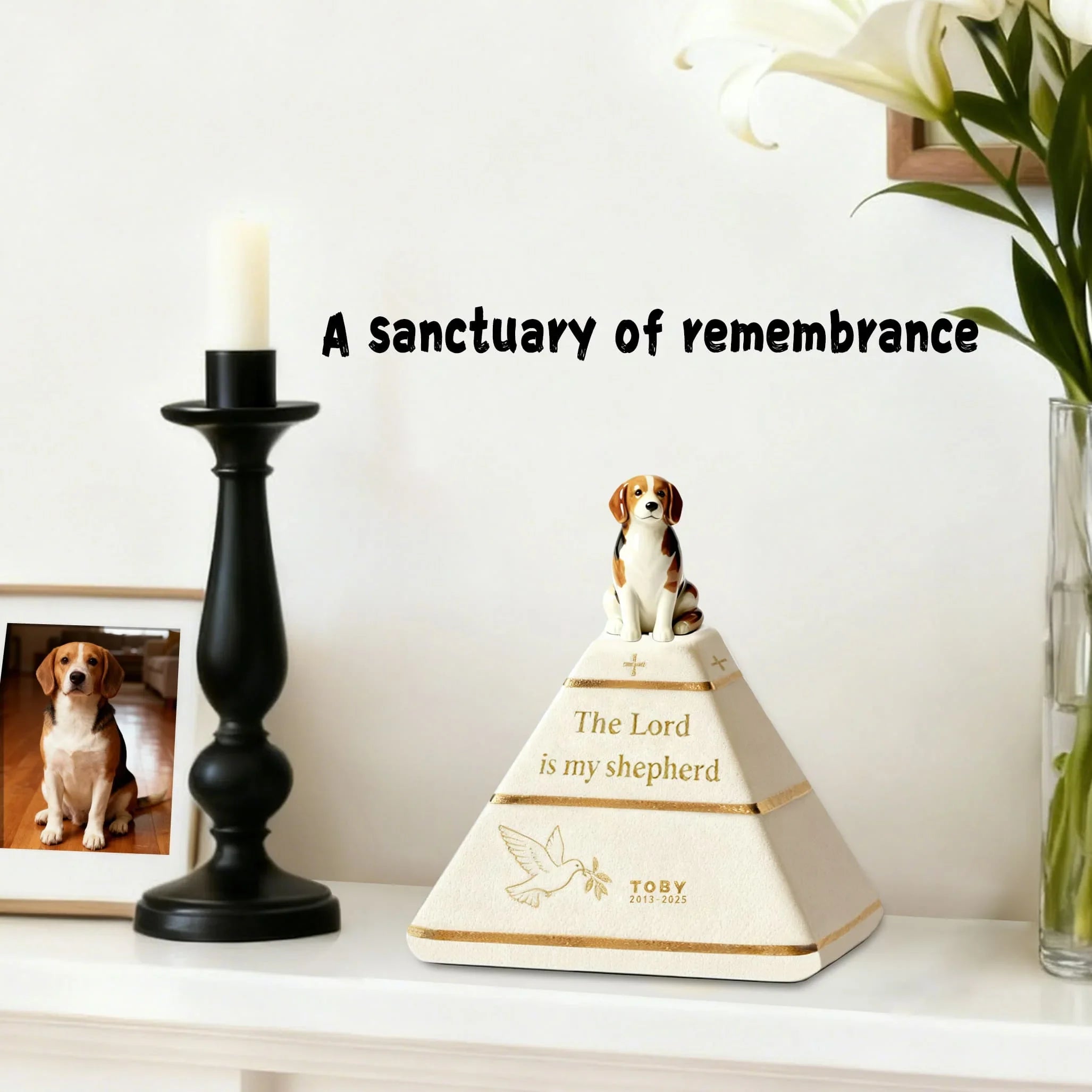 Custom Pyramid Pet Urn for Ashes – Hand-Painted Dog Figurine | “The Lord Is My Shepherd” Memorial