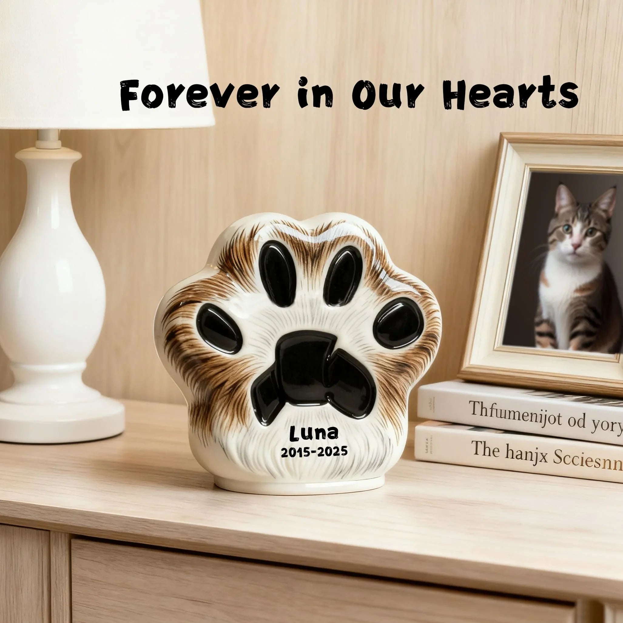 Custom Cat Urn - Paw Print Shape with Engraved Name & Pet Fur Pattern | Personalized Feline Memorial Jar