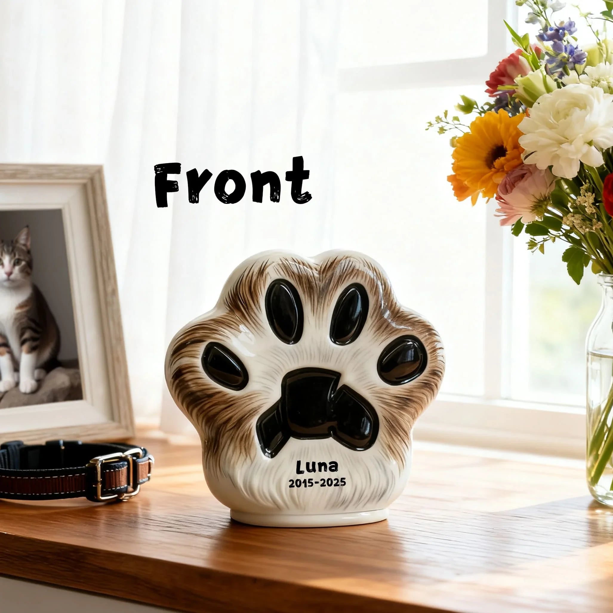 Custom Cat Urn - Paw Print Shape with Engraved Name & Pet Fur Pattern | Personalized Feline Memorial Jar
