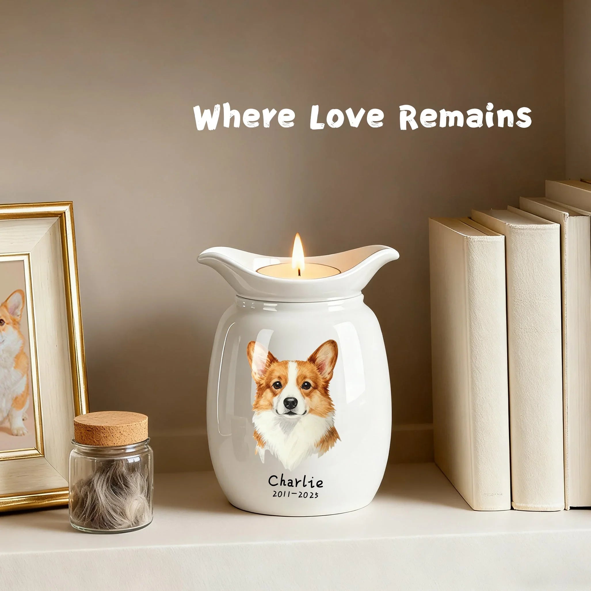 Dog Urn with Candle – Personalized Ceramic Memorial Urn for Pet Ashes, Custom Name & Dates