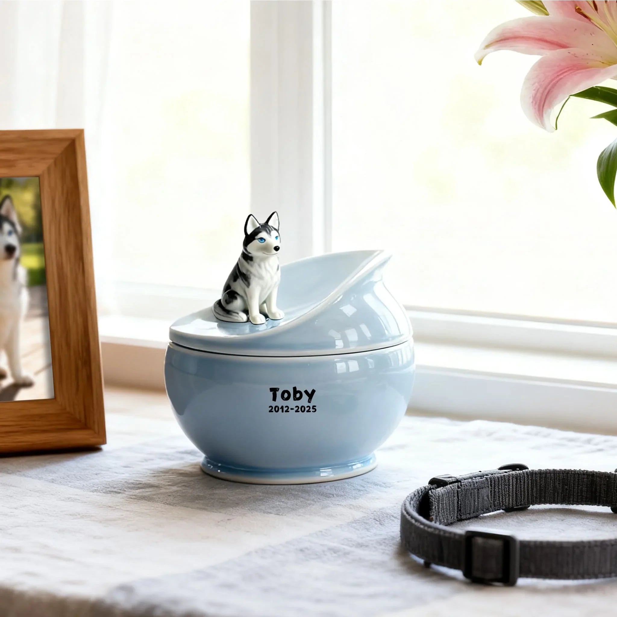 Personalized Dog Memorial Urn | Custom Ceramic Ashes Urn with Portrait, Name & Dates