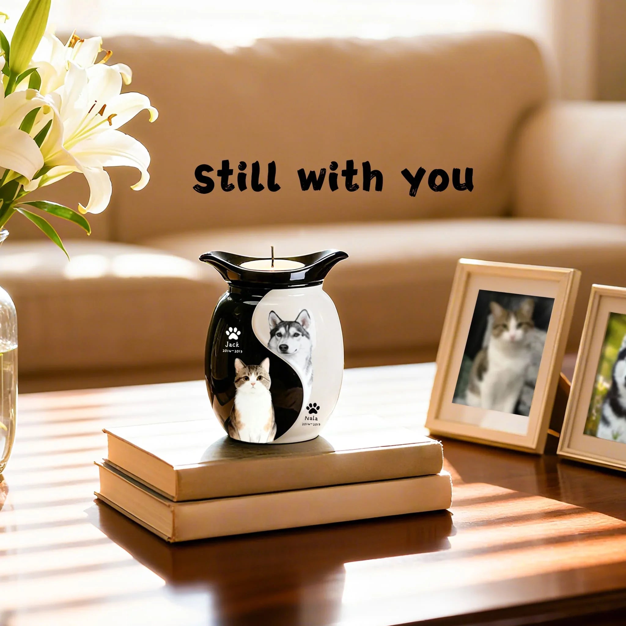 Custom Double Pet Urn with Hand-Painted Portraits | Memorial Urn for Ashes