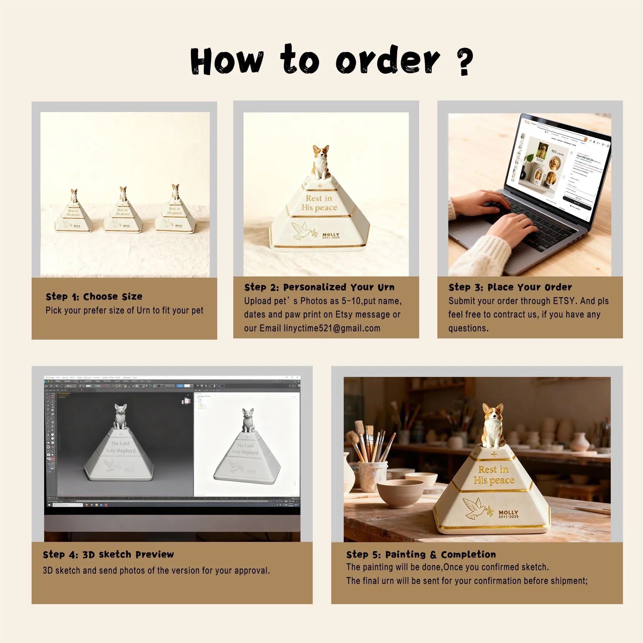 Custom Pyramid Pet Urn for Ashes – Hand-Painted Dog Figurine | “The Lord Is My Shepherd” Memorial