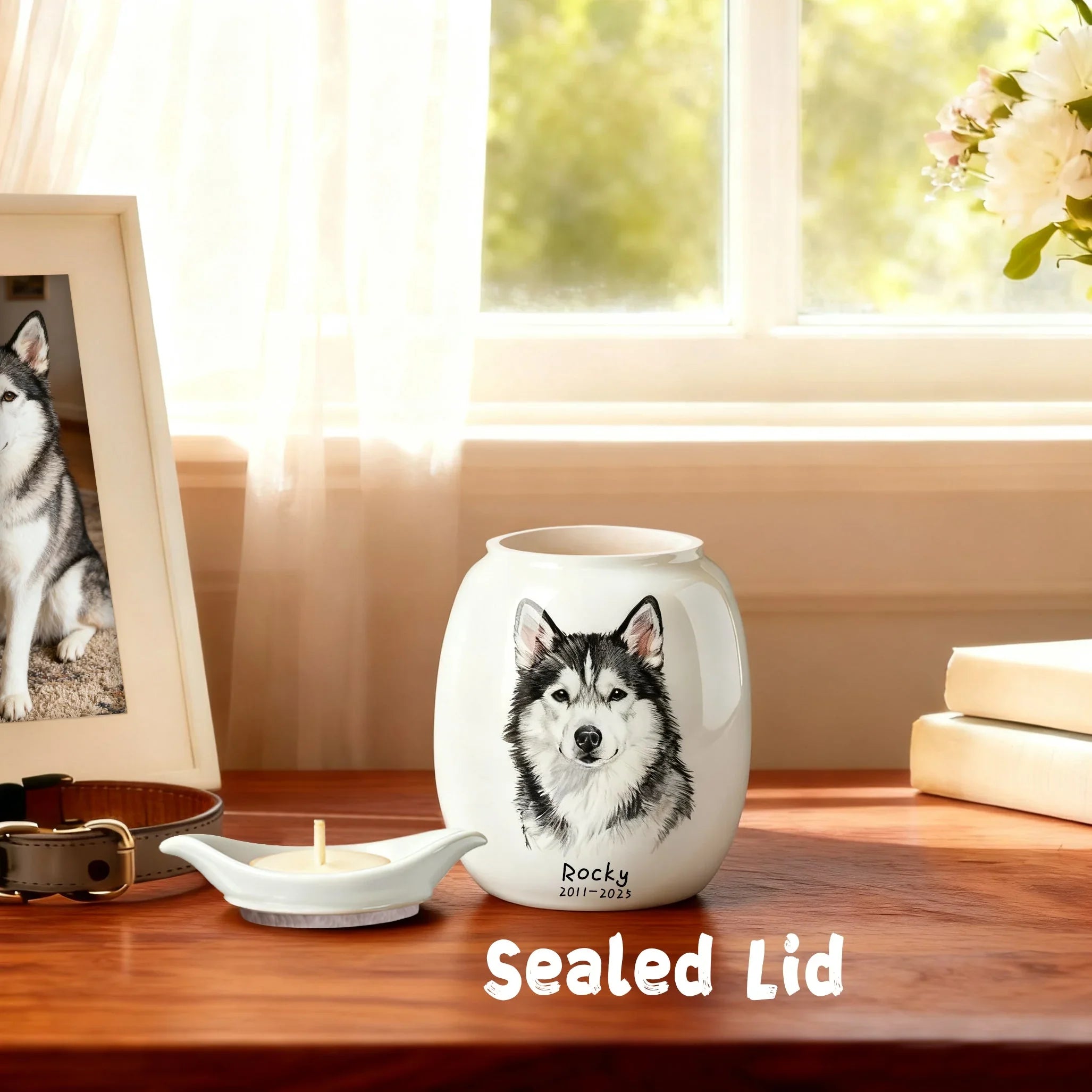 Dog Urn with Candle – Personalized Ceramic Memorial Urn for Pet Ashes, Custom Name & Dates