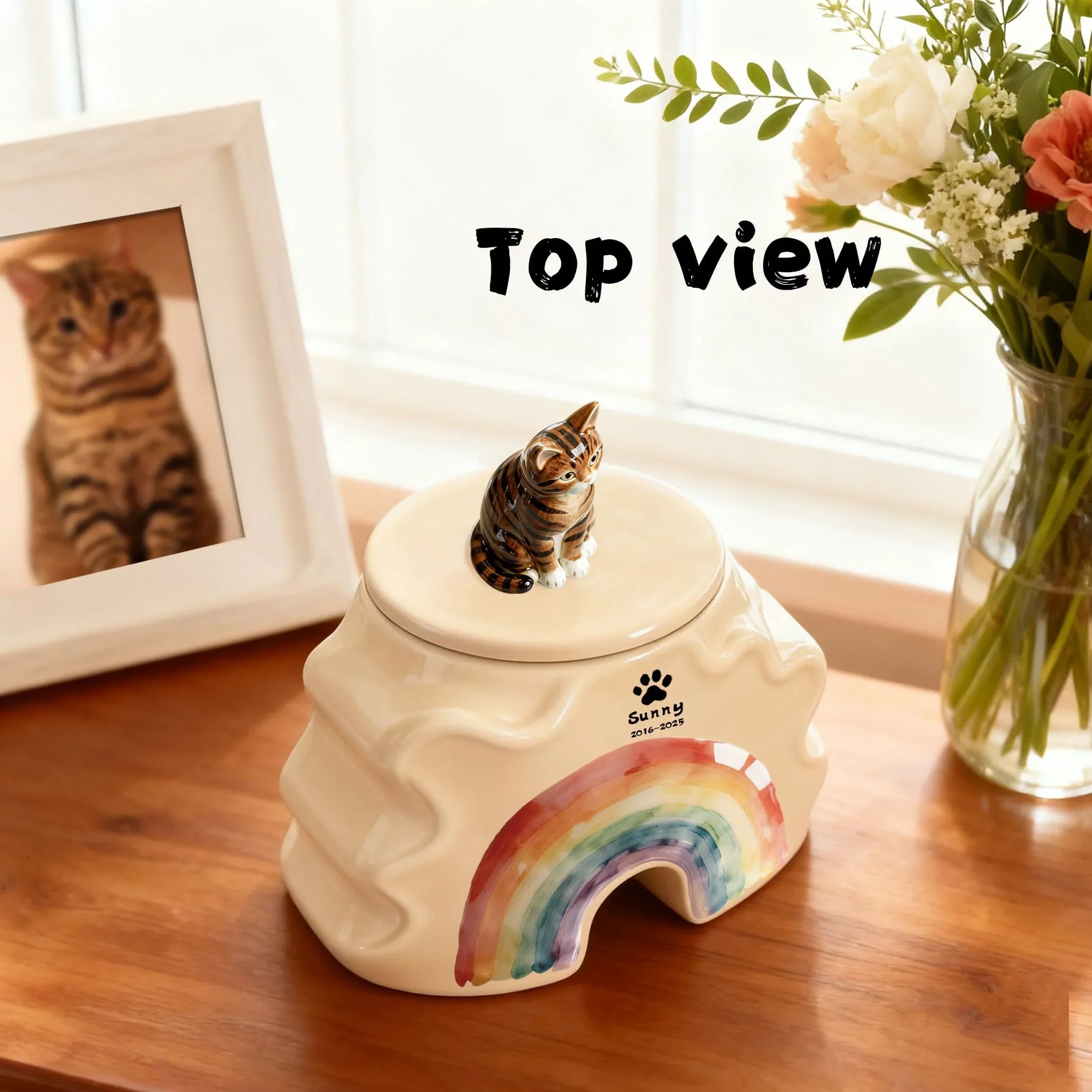 Personalized Cat Cremation Urn - Custom Pet Portrait & Date Engraving