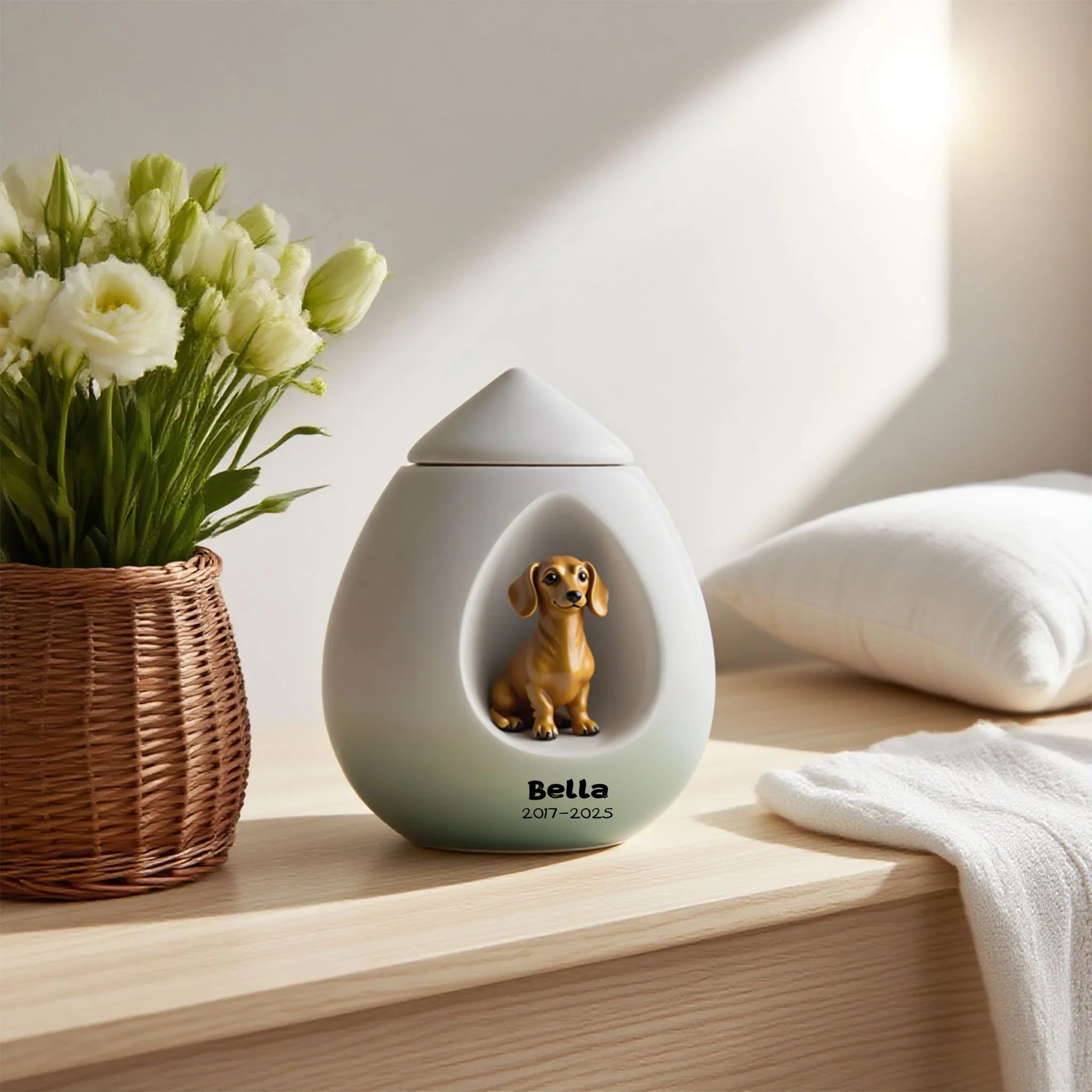 Memorial urn with a dog figurine on a wooden surface with flowers and a pillow in the background