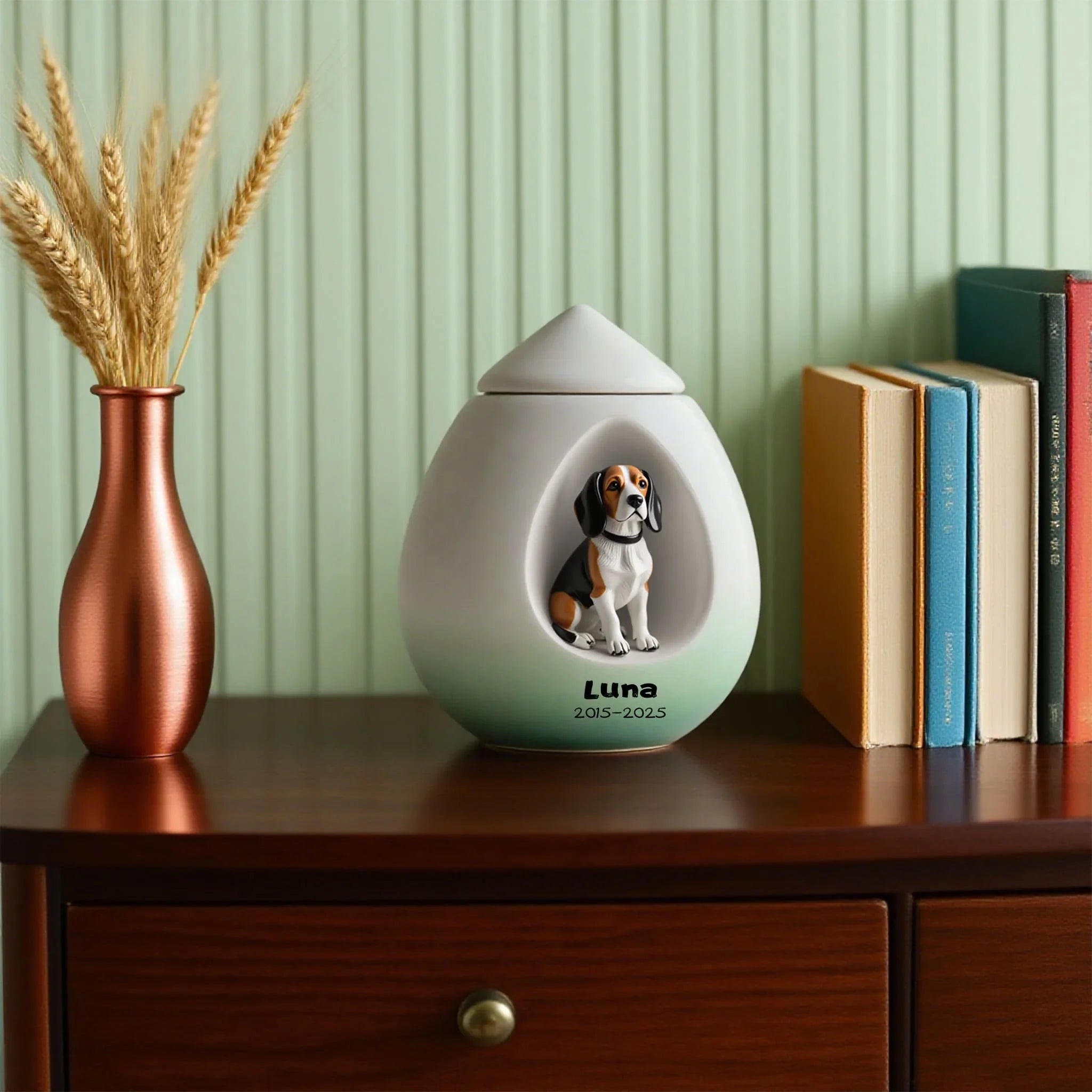 Ceramic urn with a dog's photo on a wooden surface with books and a vase in the background.