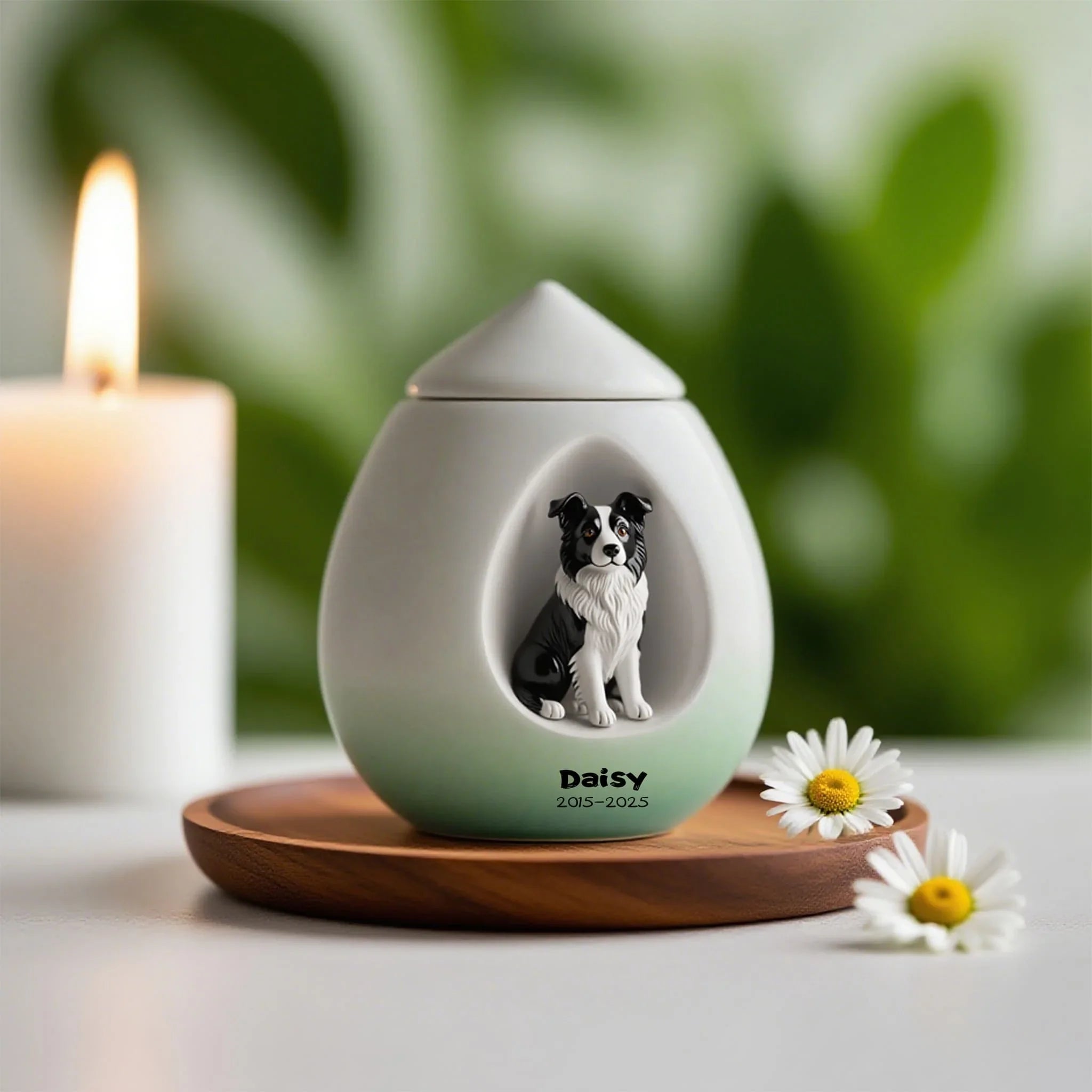 Memorial urn with a dog's photo on a wooden coaster with flowers and a candle in the background