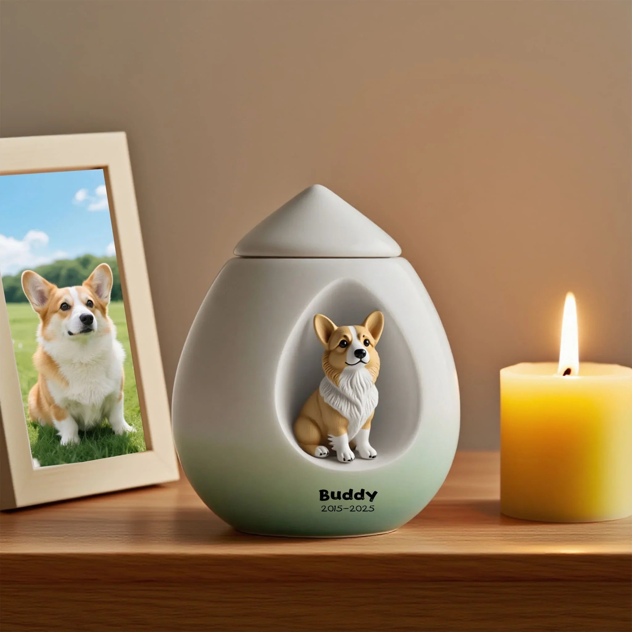 Pet urn with a dog's photo on a wooden surface next to a candle and framed picture.