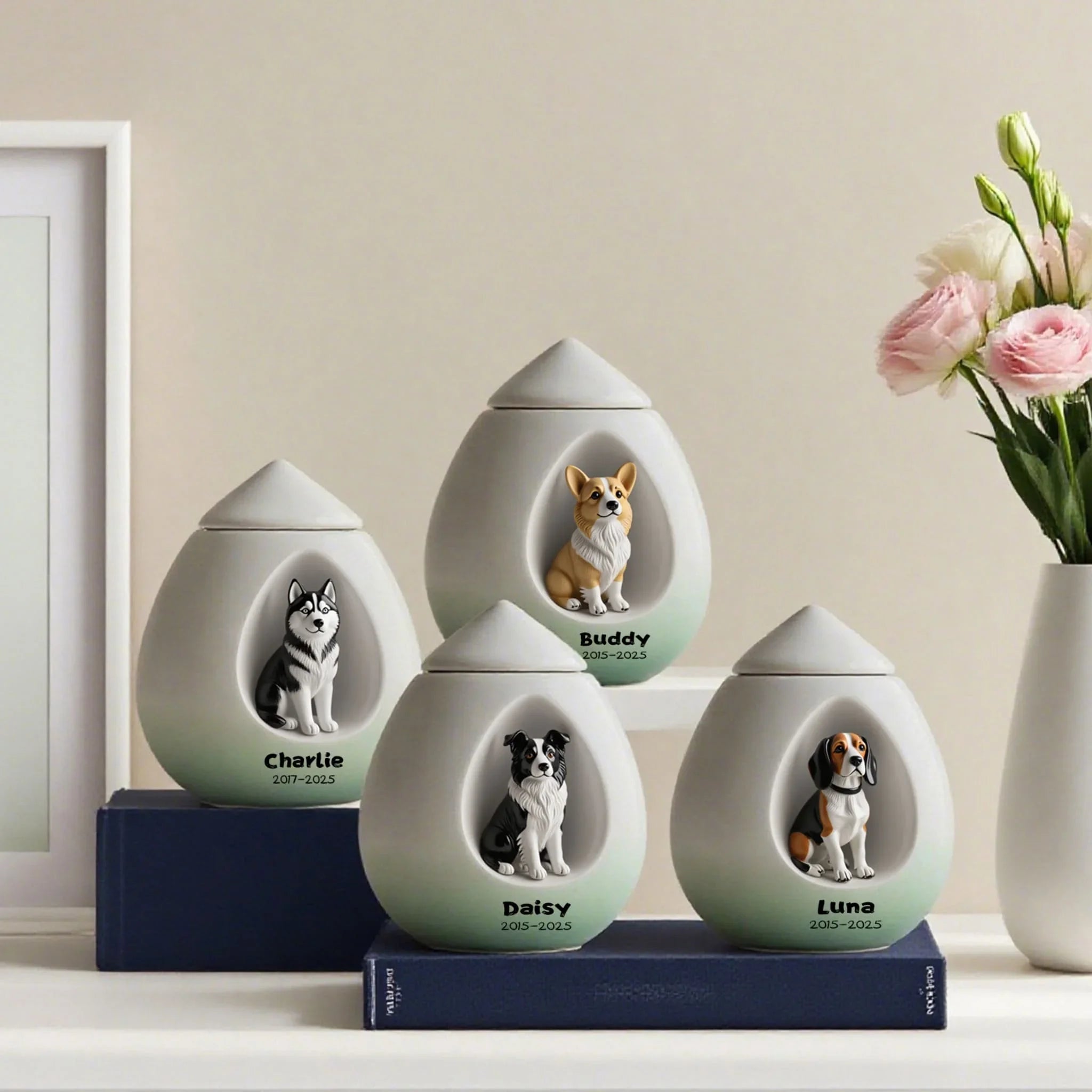 Set of pet urns with dog illustrations and names on a neutral background